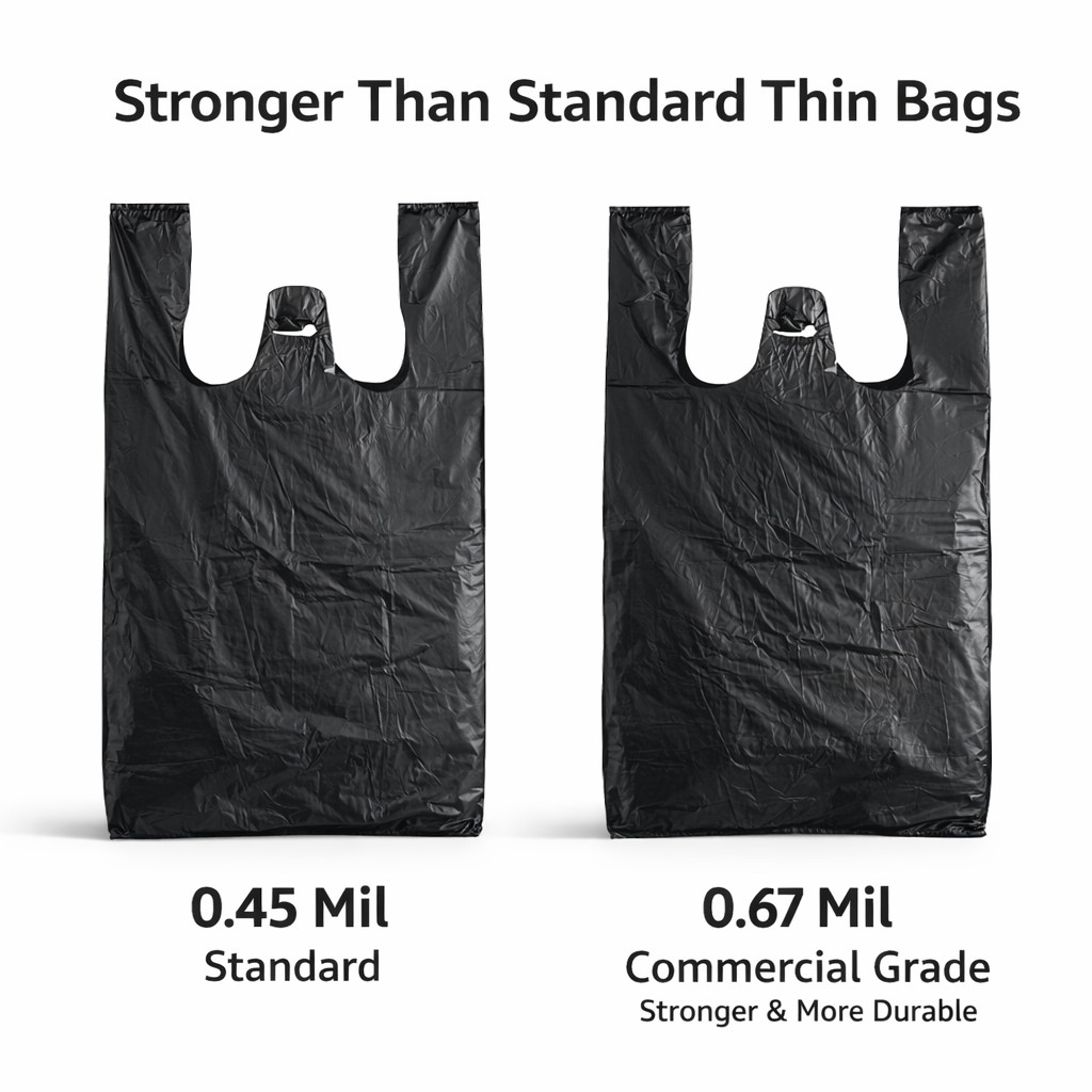 Black T-Shirt Plastic Grocery Bags 0.67 Mil 21×6.5×11.5 1/6 Large Shopping Bulk