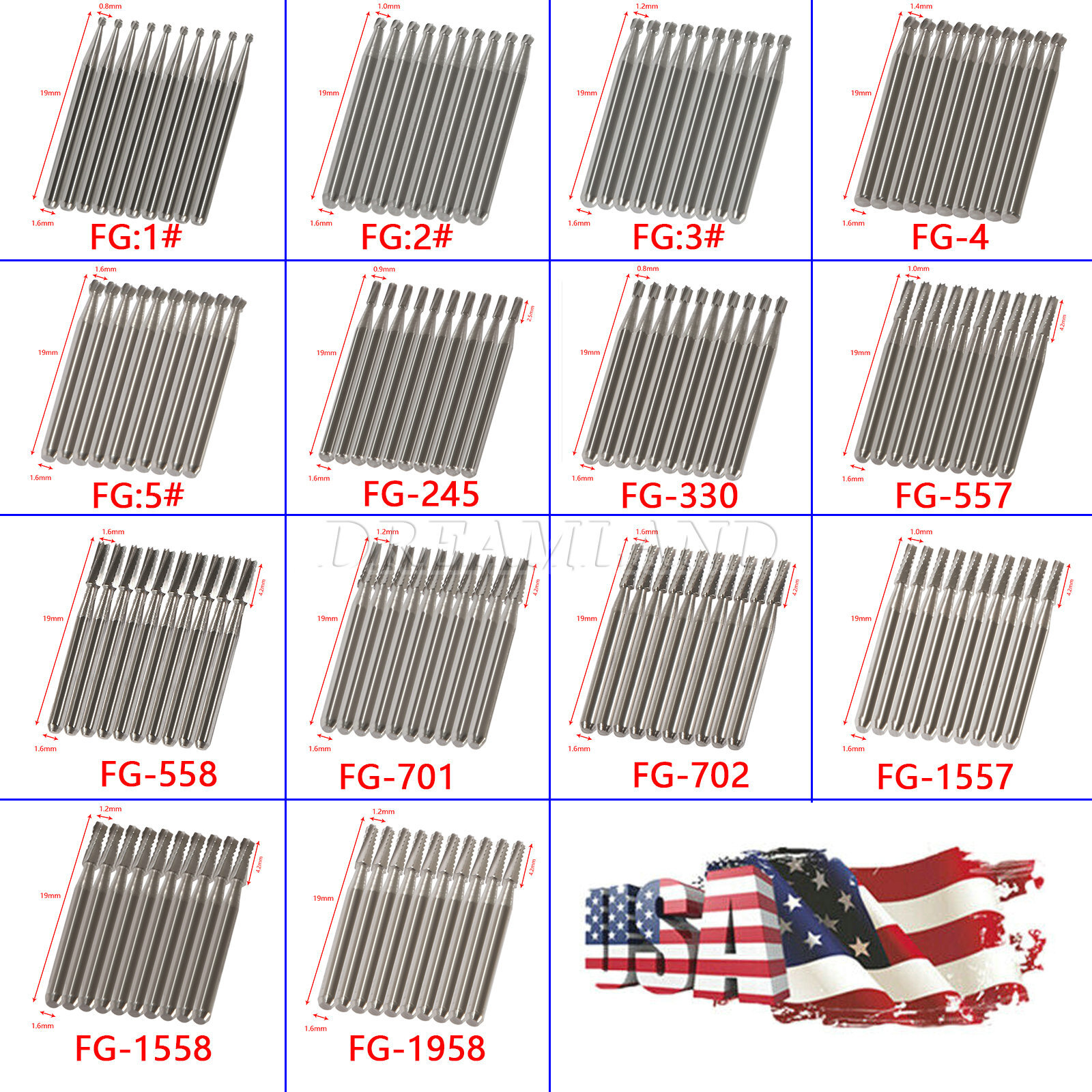 10-100Pcs Dental Carbide Burs for High Speed Handpiece Round Cone Bur Diamond FG