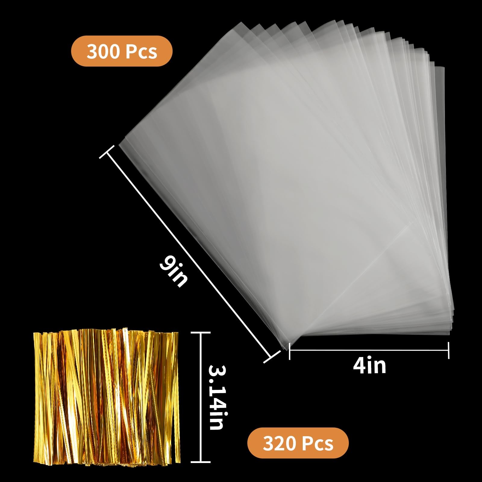 Cellophane Treat Bags 4×9 Inch 300 PCS Twist Ties 1.4 Mil Thick Candy Bakery
