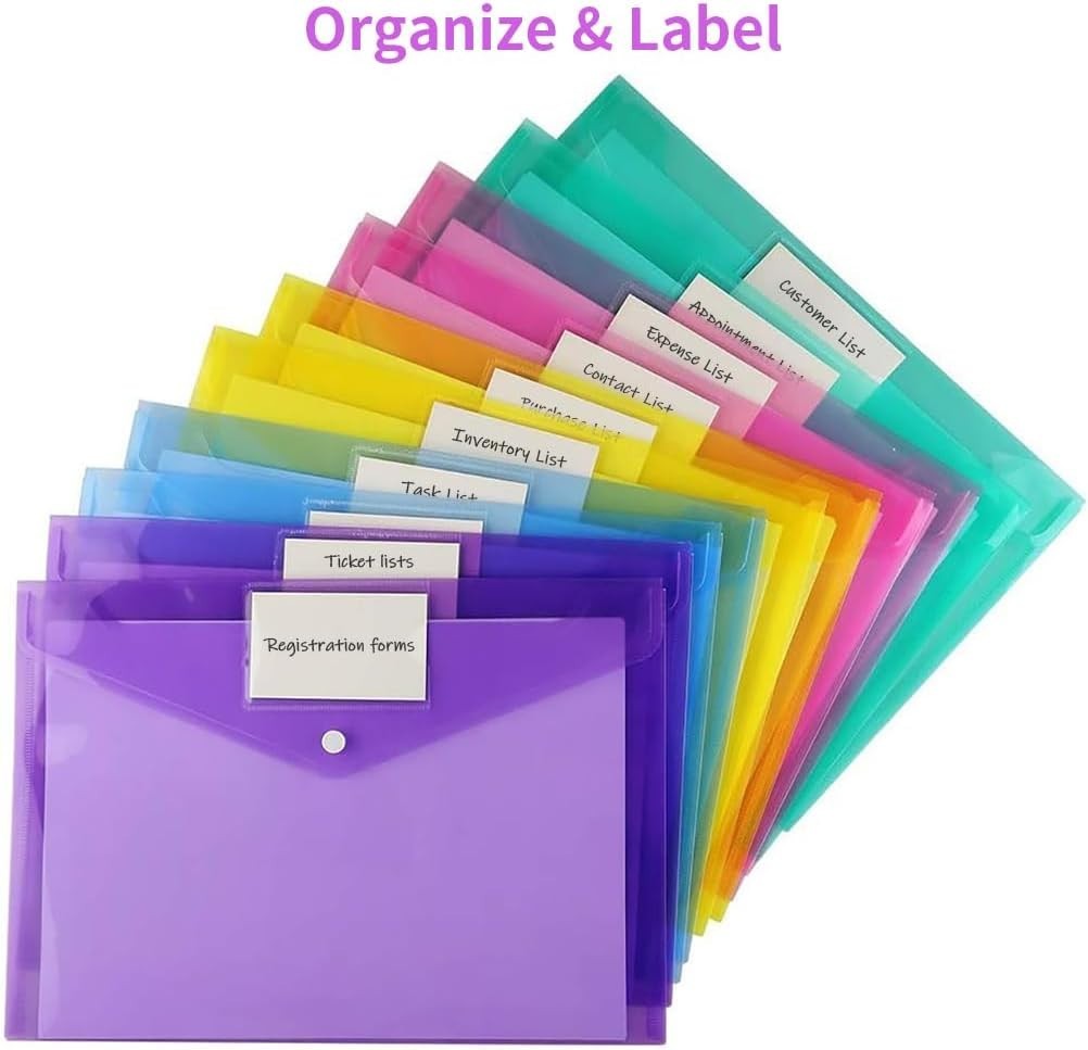 12 Eco-Friendly Plastic Folders with Colorful Snap Closure and Labeling Pockets