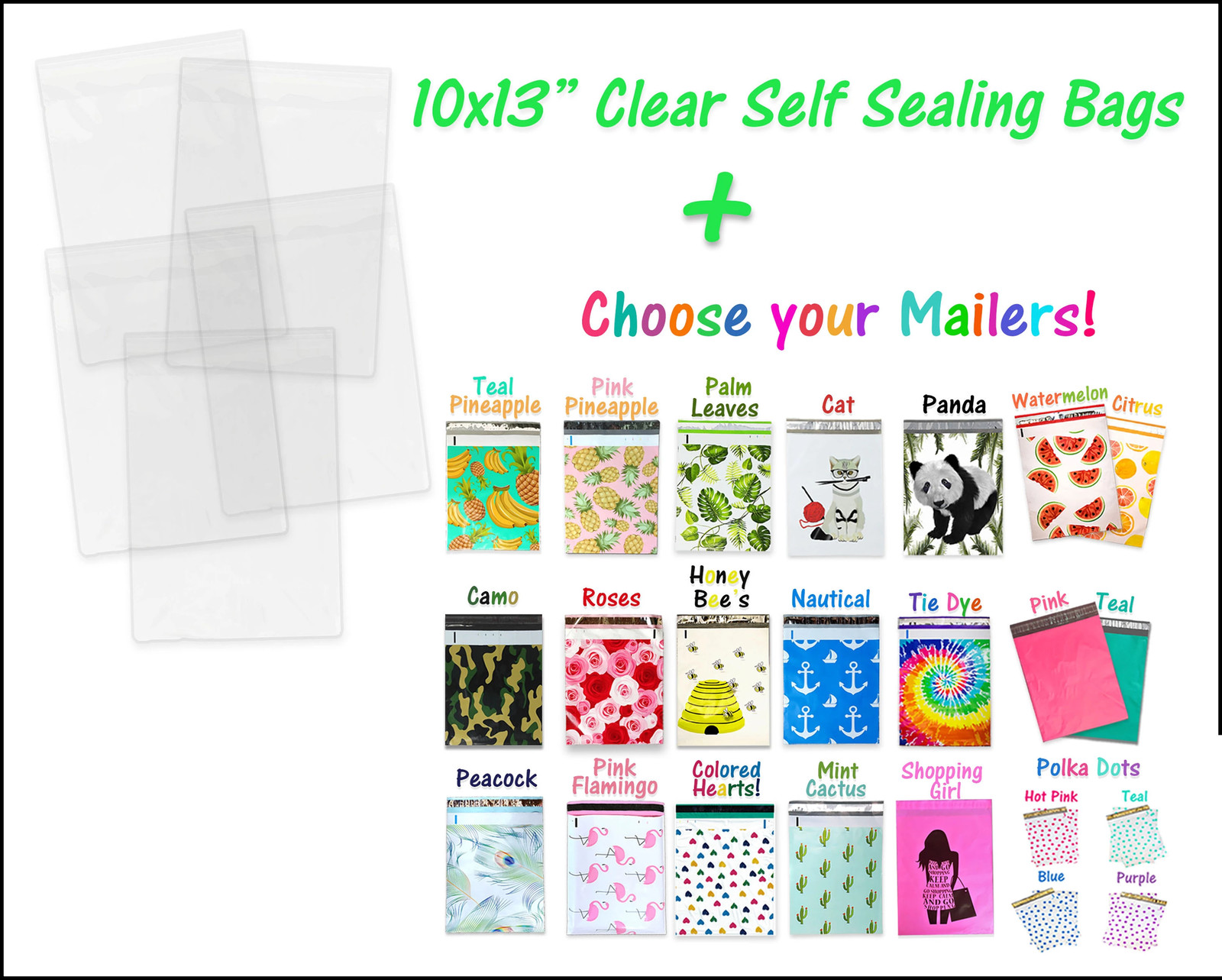 50 Pack, 25 Each 10×13″ Poly Mailers & Transparant plastic apparel Mailing bags