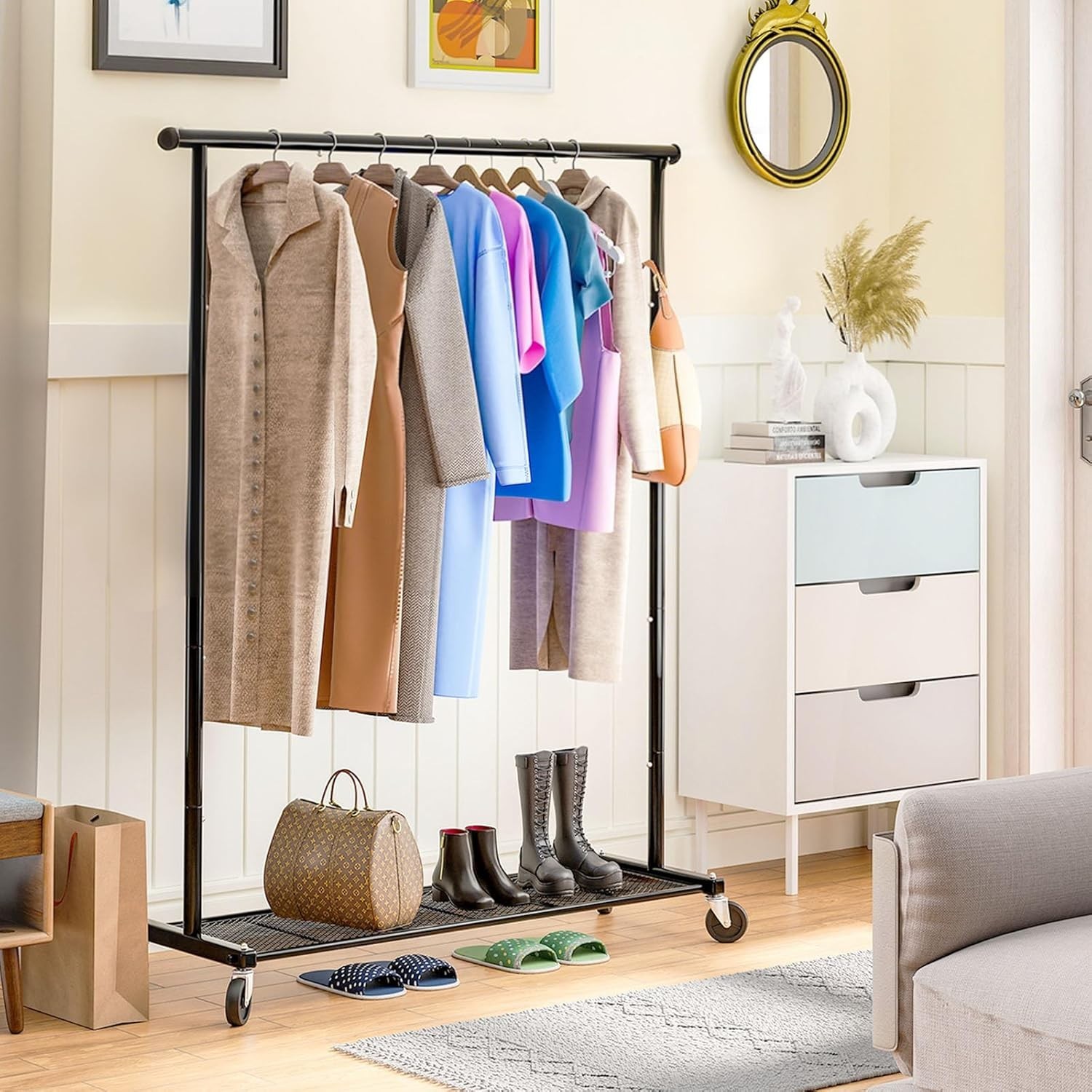 Clothing Clothes Rack on Wheels Heavy Duty Portable Wardrobe Storage