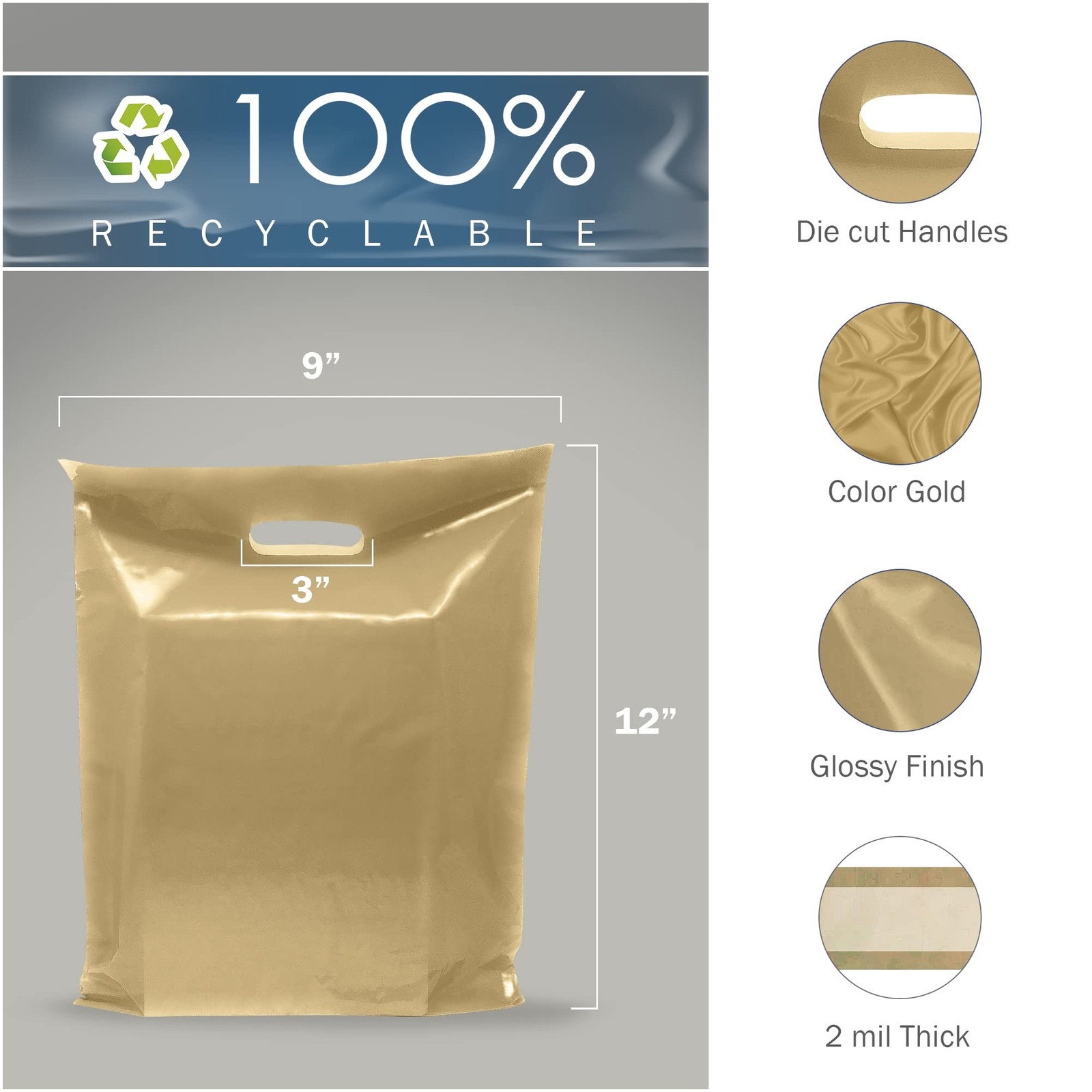 Gold Merchandise Plastic Shopping Bags – 100 Pack 9″ x 12″ with 2 mil Thick -…