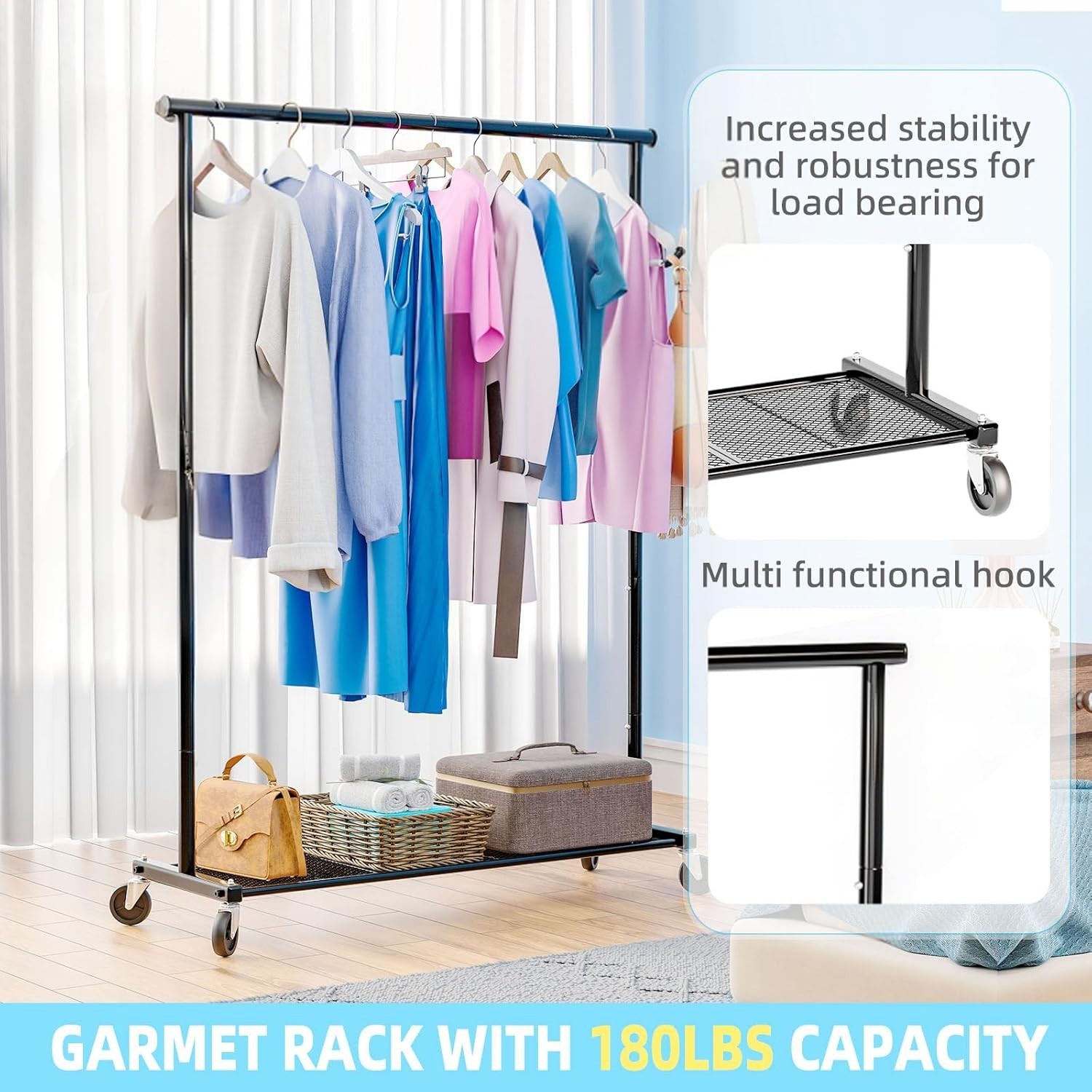 Clothing Clothes Rack on Wheels Heavy Duty Portable Wardrobe Storage