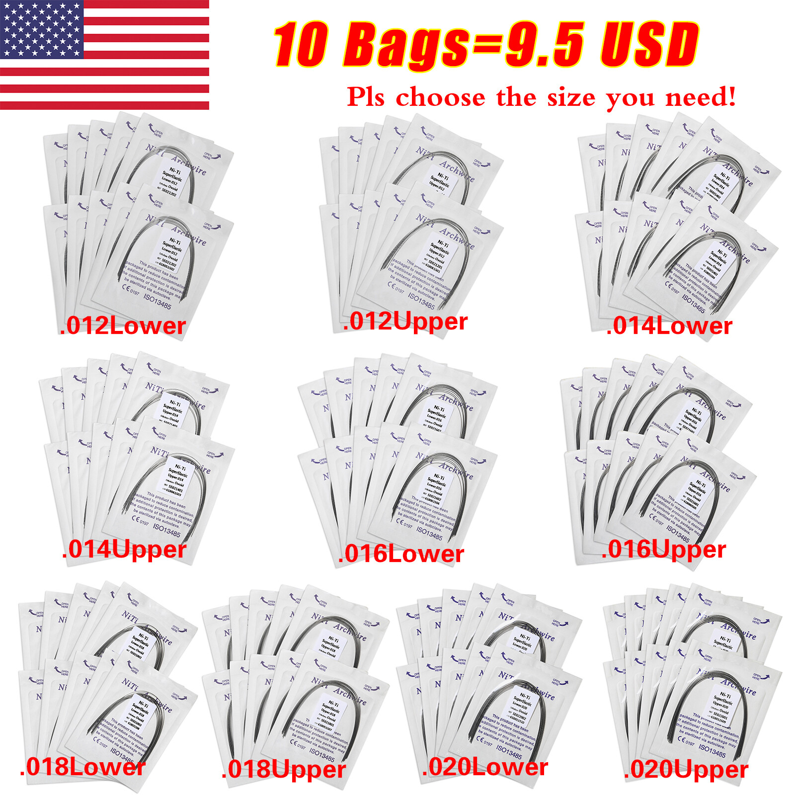 100pcs 10packs Dental Orthodontic Super Elastic Niti Arch Wire Round Ovoid Form