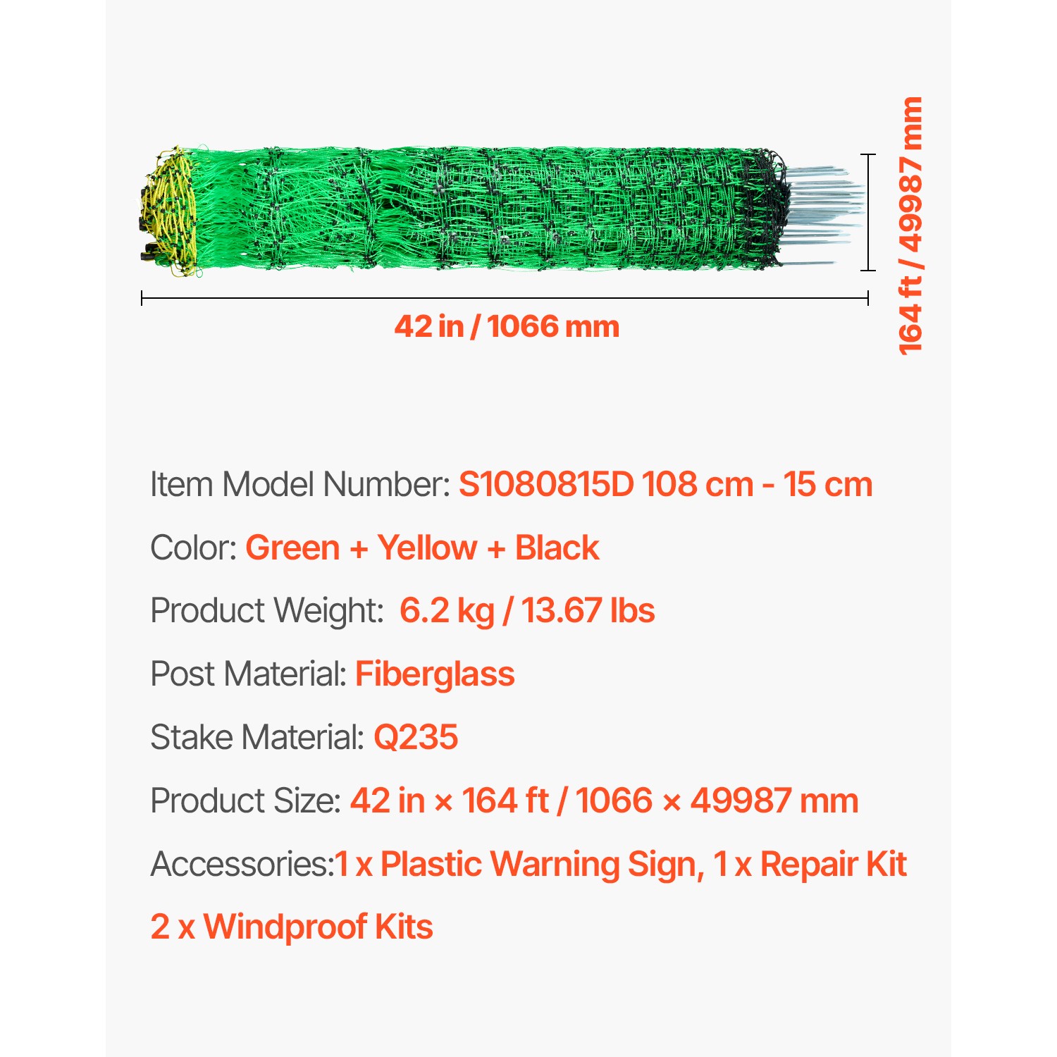 VEVOR Electric Netting Fence Kit Sheep Fencing 42″H x 164’L with Posts Spikes