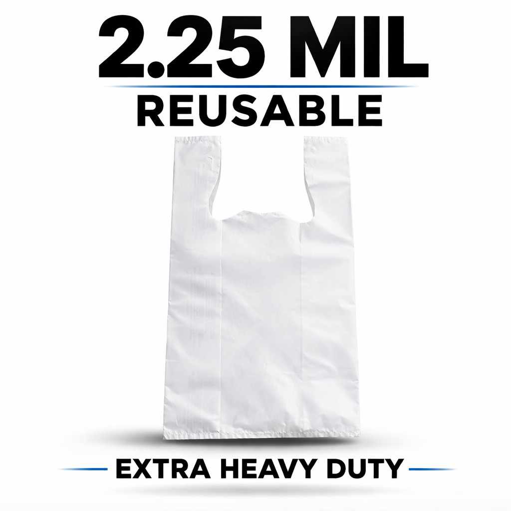 2.25 Mil Reusable Grocery White T-Shirt Bags 12x7x20 Extra Heavy Duty