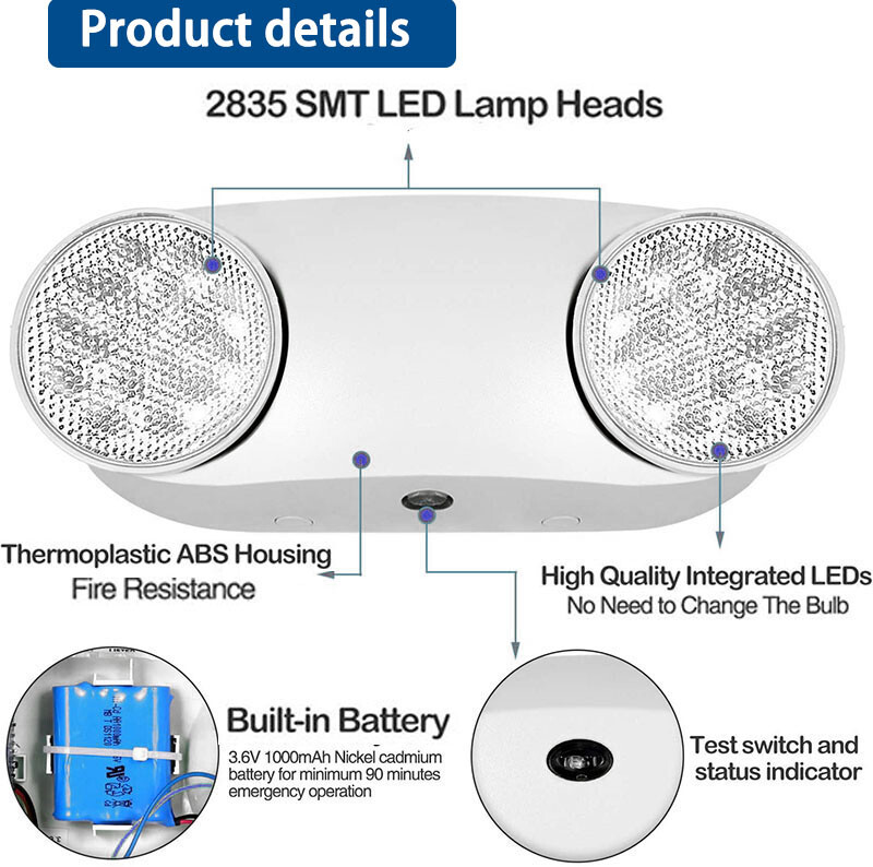 LED Emergency Light Fixtures Adjustable Double Heads Lamp w/Battery Backup UL