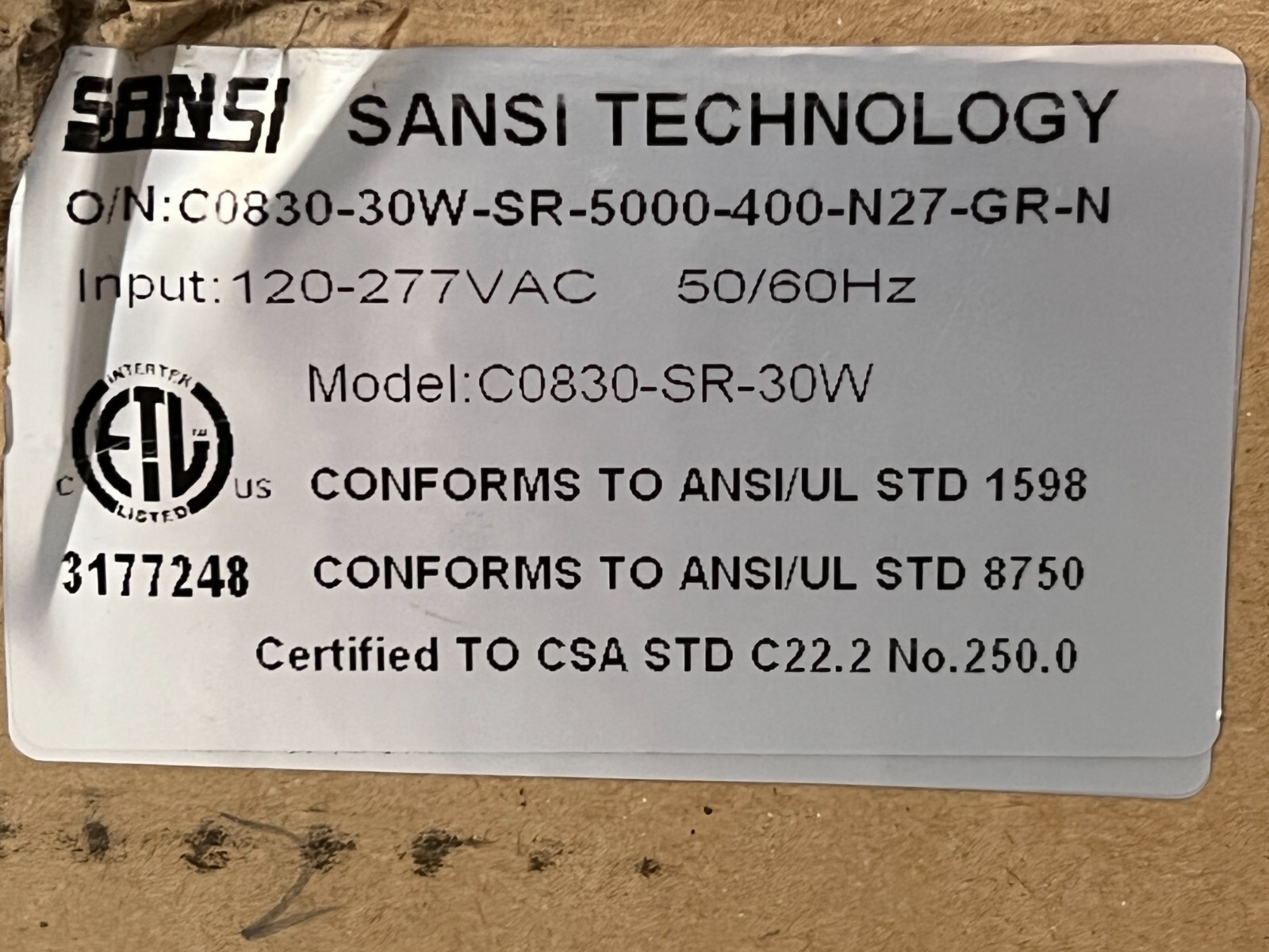 Sansi LED Street Light 5000K 30 Watt 3500 Lumen 120-277VAC – C0830-SR-30W