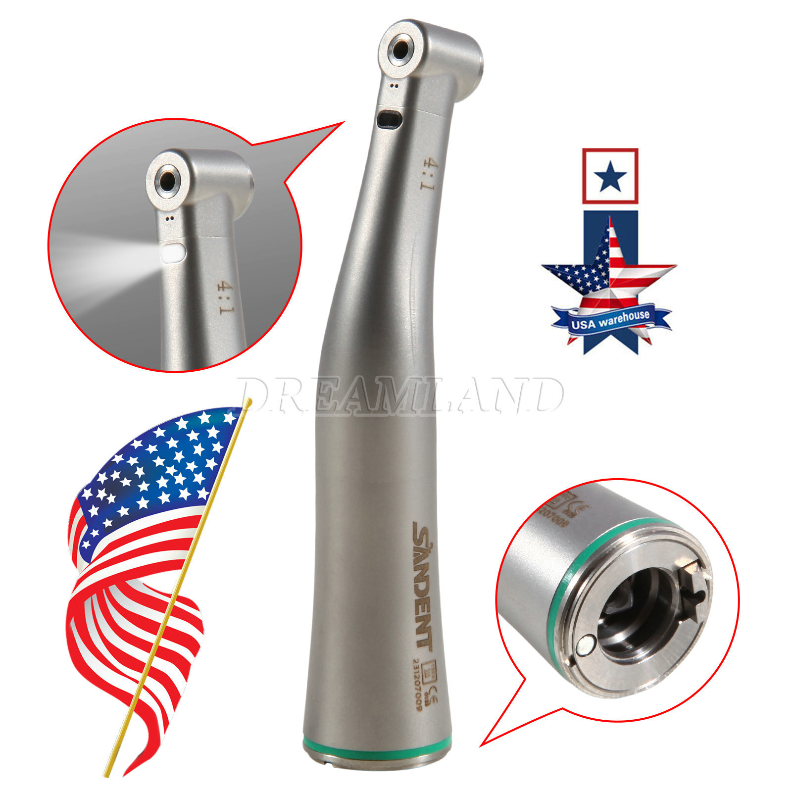 Dental 4:1 LED Fiber Optic Contra Angle Handpiece Quattro Spray Internal Channel