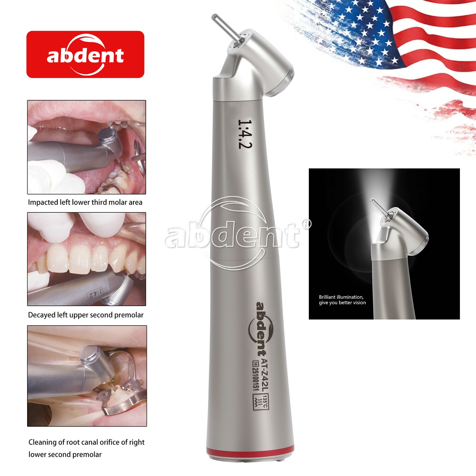 45° Electric Contra Angle LED Optic 1:4.2 Handpiece Quattro Spray abdent