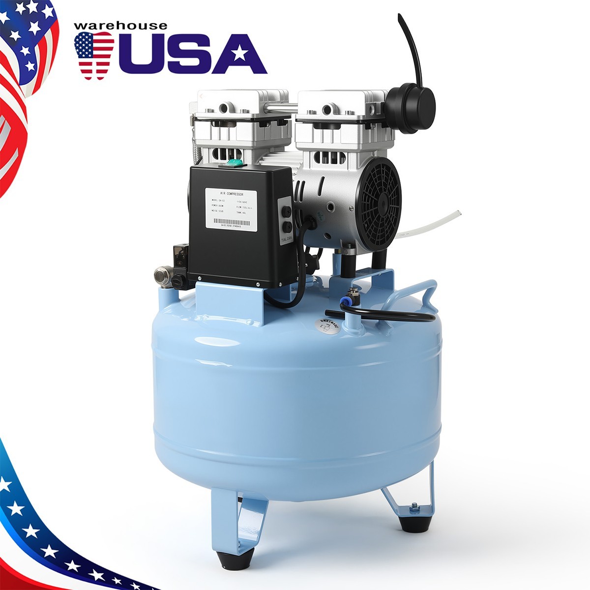 Dental Oil-Free Air Compressor 800W 40L Tank 58dB Ultra-Quiet Operation