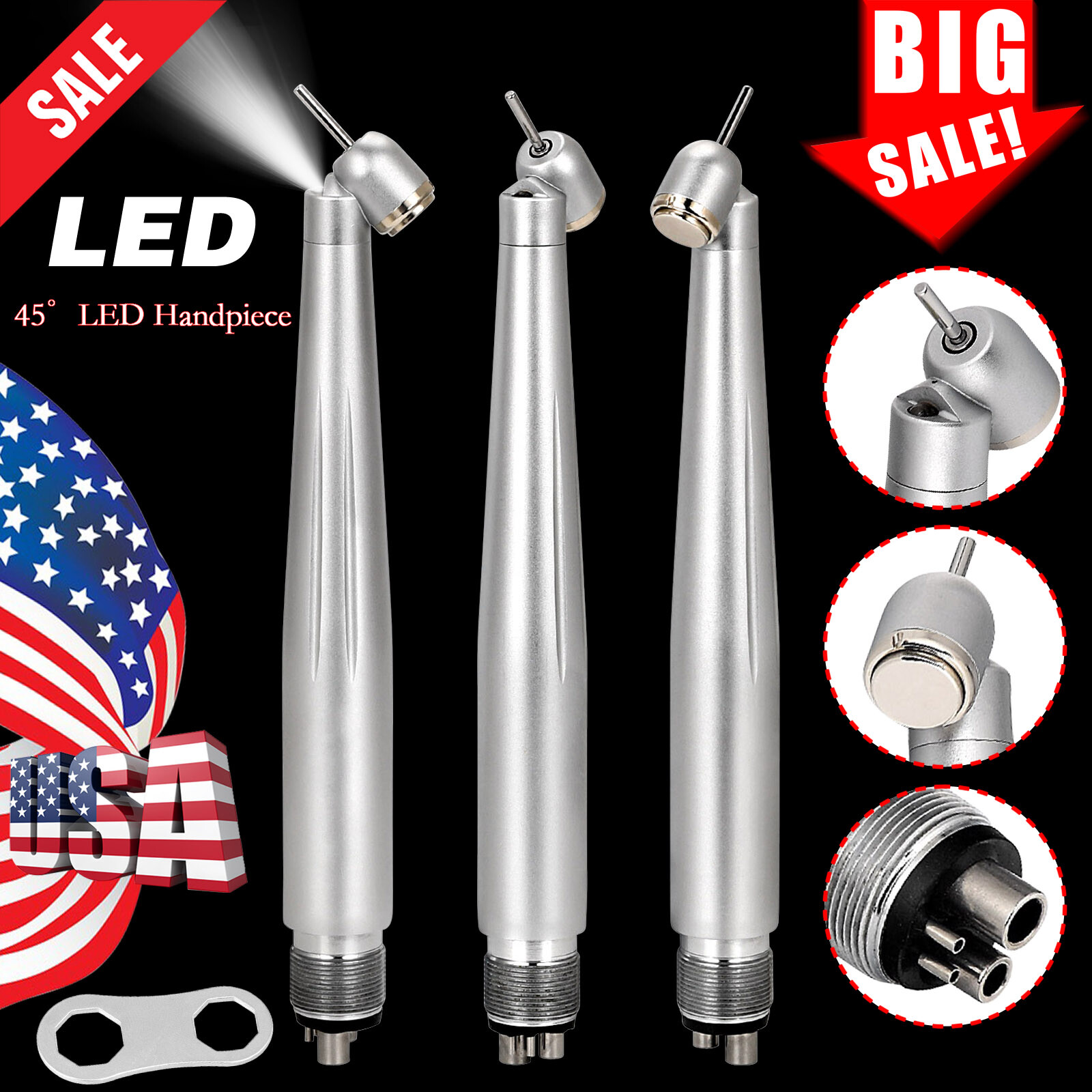 LED Dental Surgical Handpiece 45° Angle 4 Hole Midwest Rear Exhaust Impact Air
