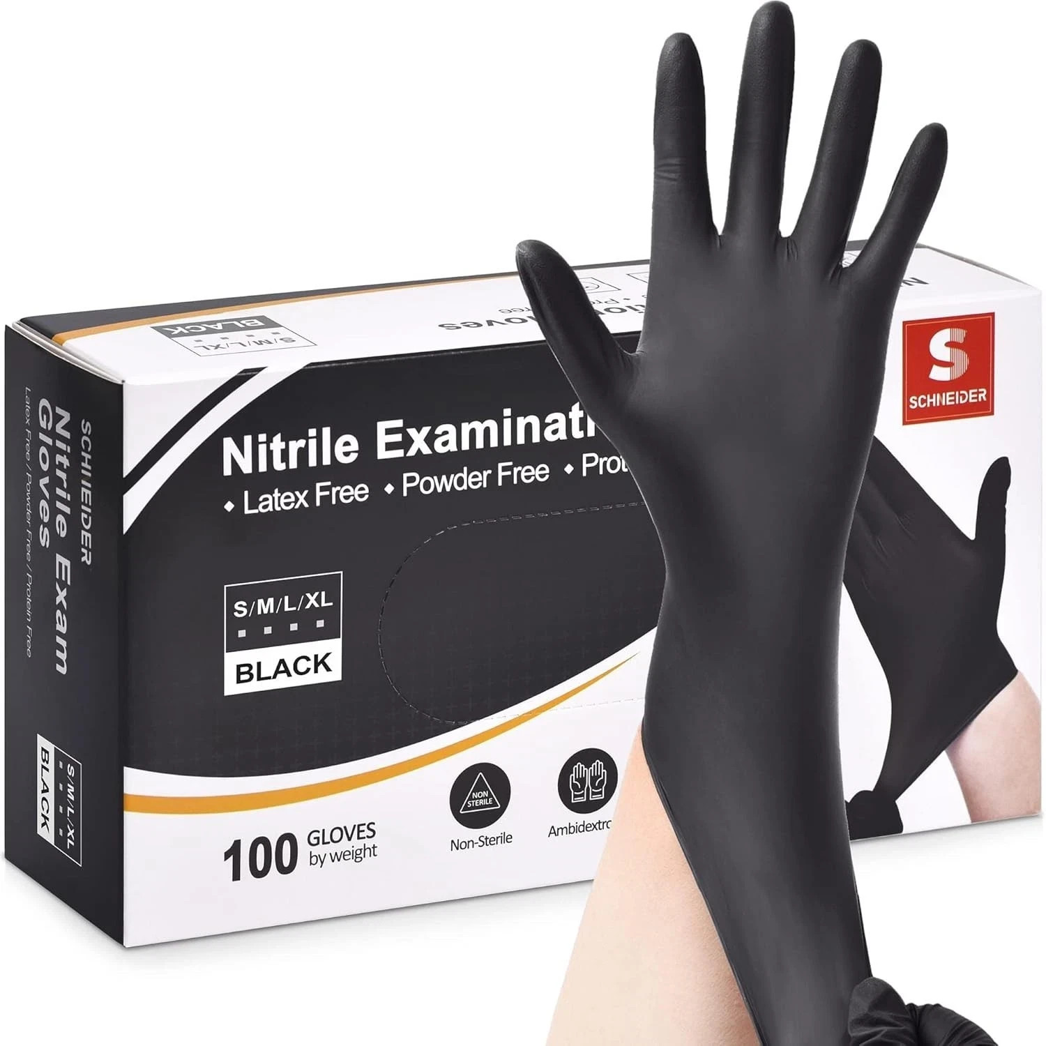 Schneider Nitrile Exam Gloves, Black, 100-Ct Box, Latex-Free, Powder-Free Gloves