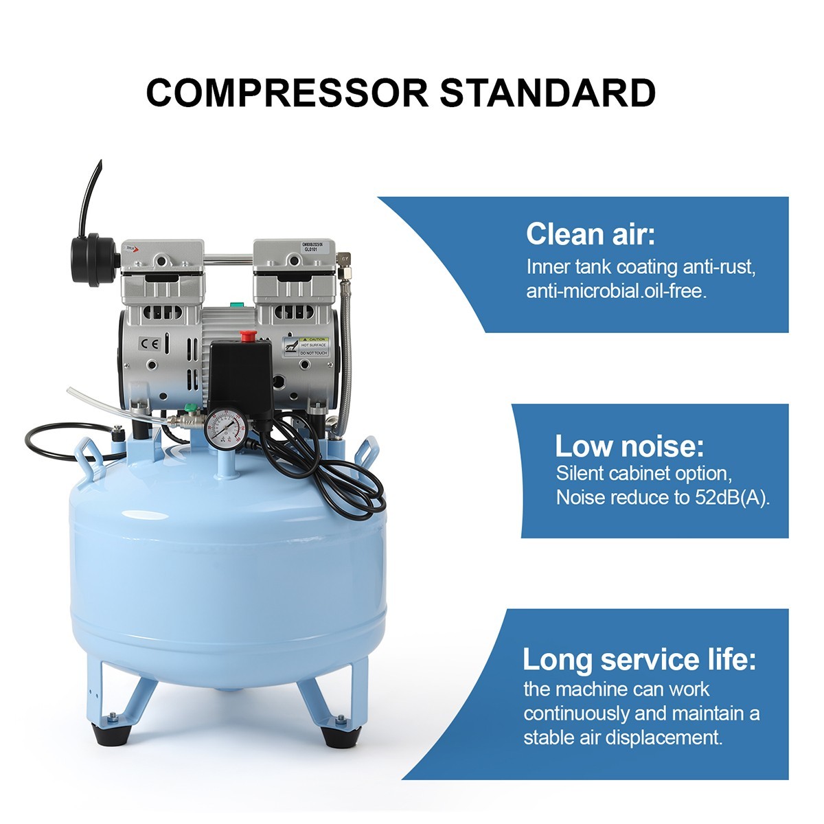 Dental Oil-Free Air Compressor 800W 40L Tank 58dB Ultra-Quiet Operation