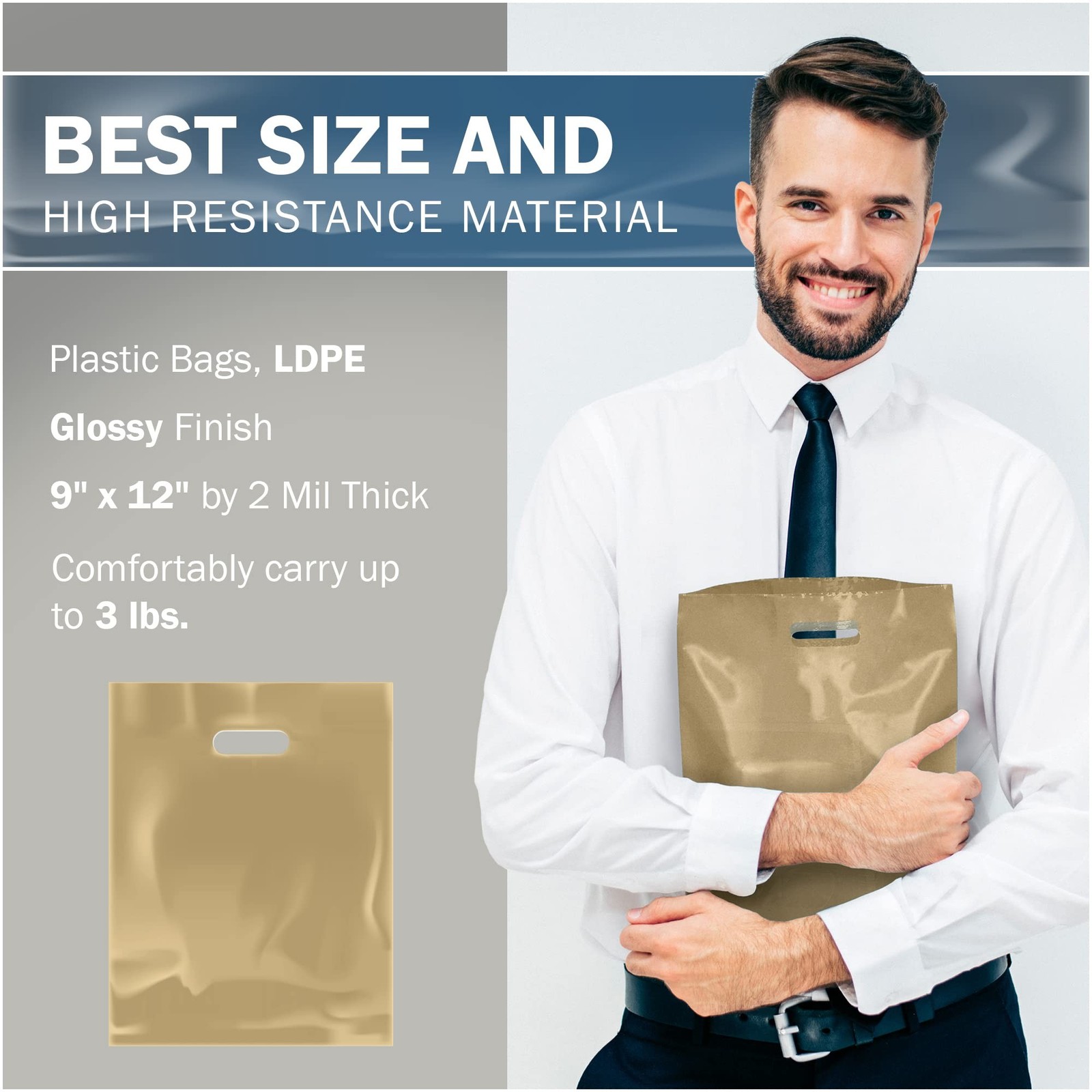 Gold Merchandise Plastic Shopping Bags – 100 Pack 9″ x 12″ with 2 mil Thick -…