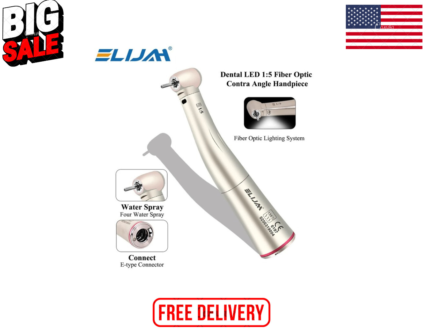 Dental 1:5 Fiber Optic Handpiece LED Quattro Spray Push Button Contra Angle