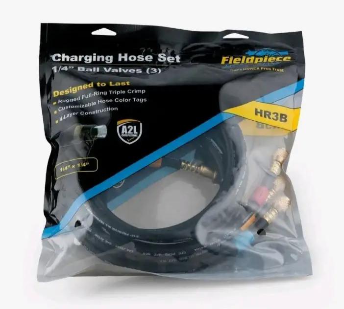 Fieldpiece HR3B Ball Valve Refrigerant Hose Set (3) with Color Tags – 1/4″ x 1/4