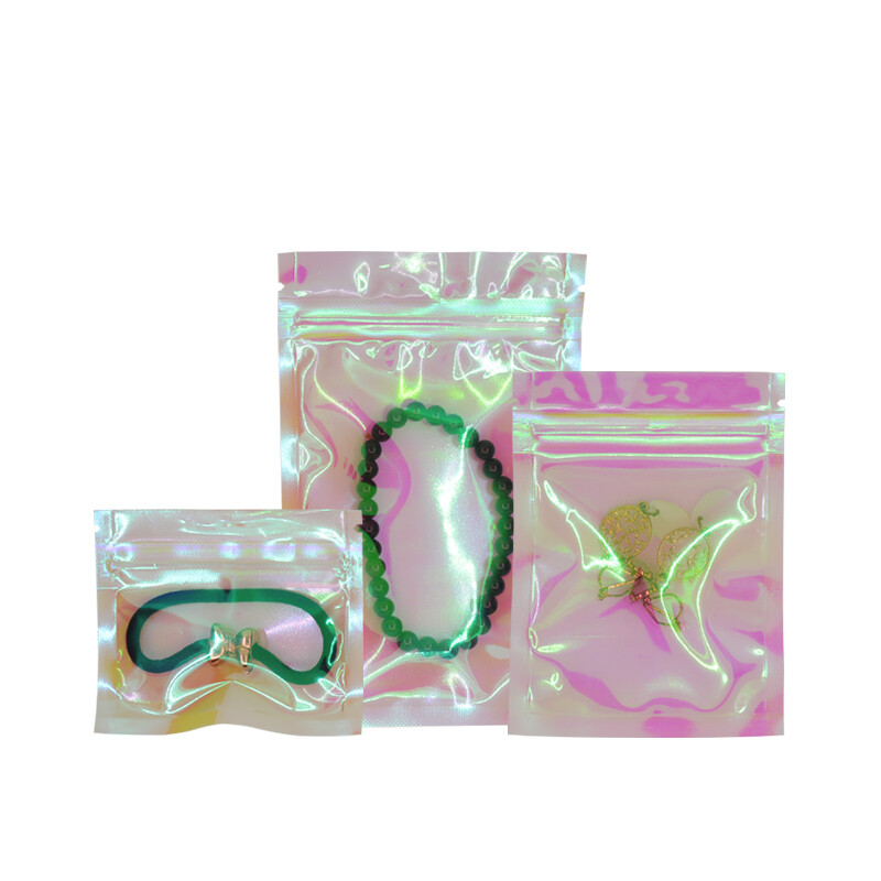 100 Pcs Iridescent Zip lock Bags Pouches Cosmetic Hologram Holographic Clear Bag