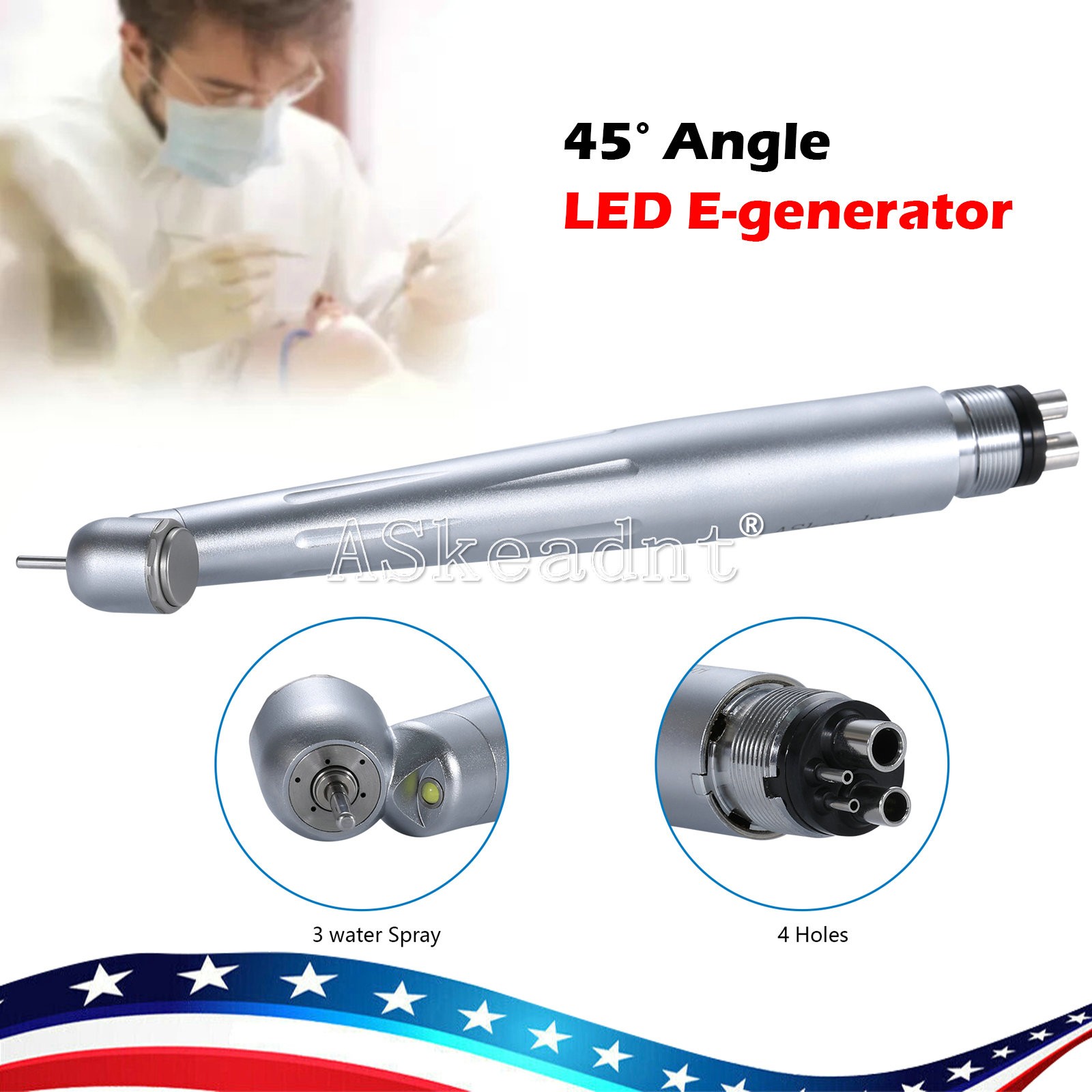 Dental 45 Degree 45° LED E-generator High Speed Handpiece 3 Spray 4 holes ASK