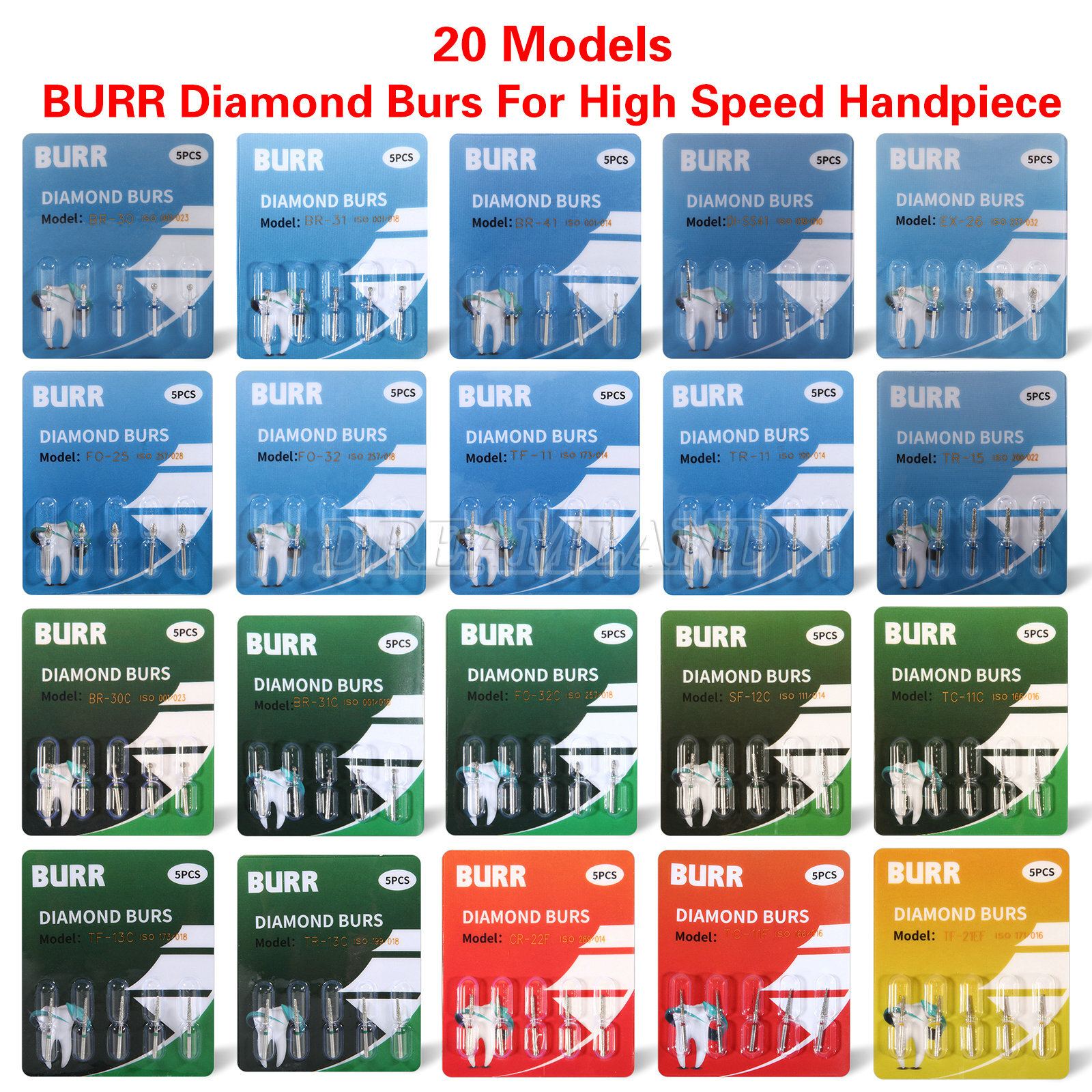 100pcs Diamond Burs Fit Dental High Speed Handpiece FG 1.6mm 20 Types