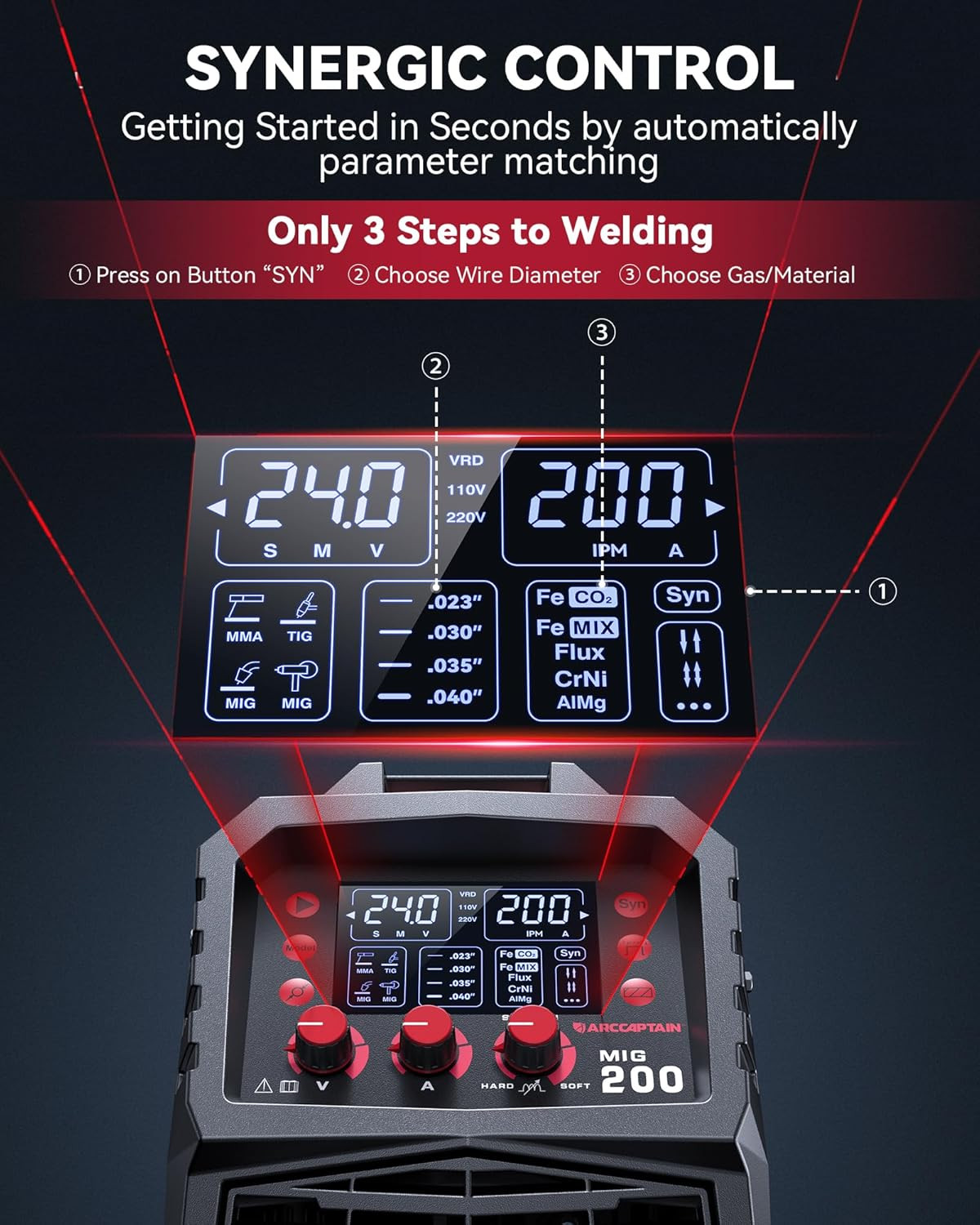 ARCCAPTAIN MIG Welder 200Amp 6 in 1 Aluminum LED Display 110V/220V Multi Process
