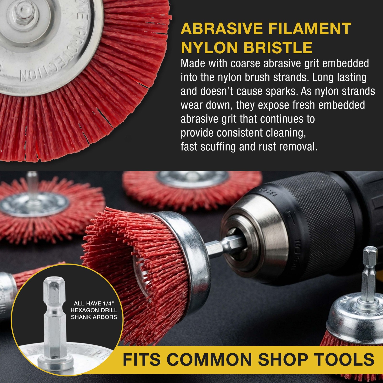 6 pc Abrasive Filament Nylon Bristle Drill Wheel and Cup Brush Set, 1/4″ Drill