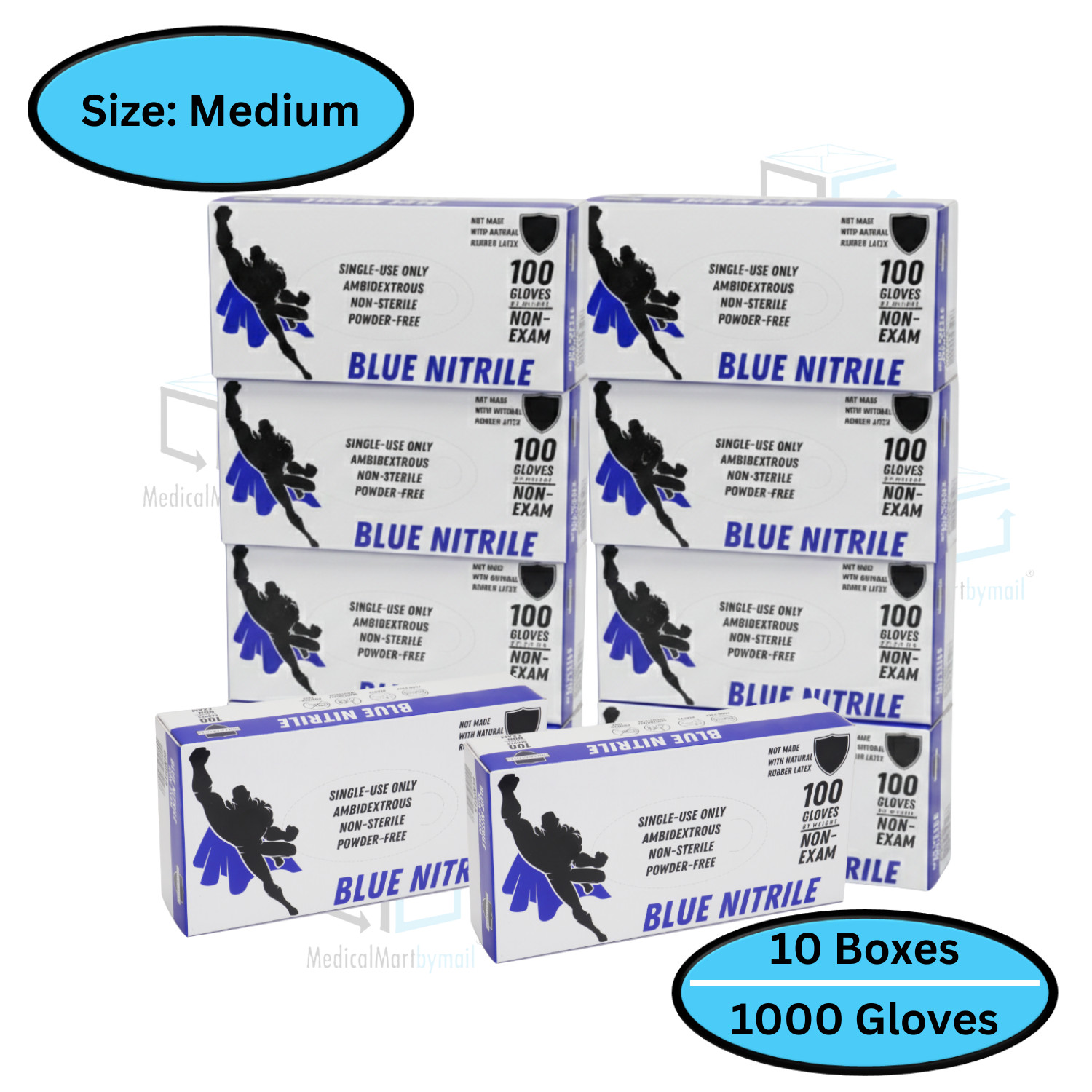1000 Blue Nitrile Powder-Free Disposable Gloves Medium 3 MIL Finger-Textured