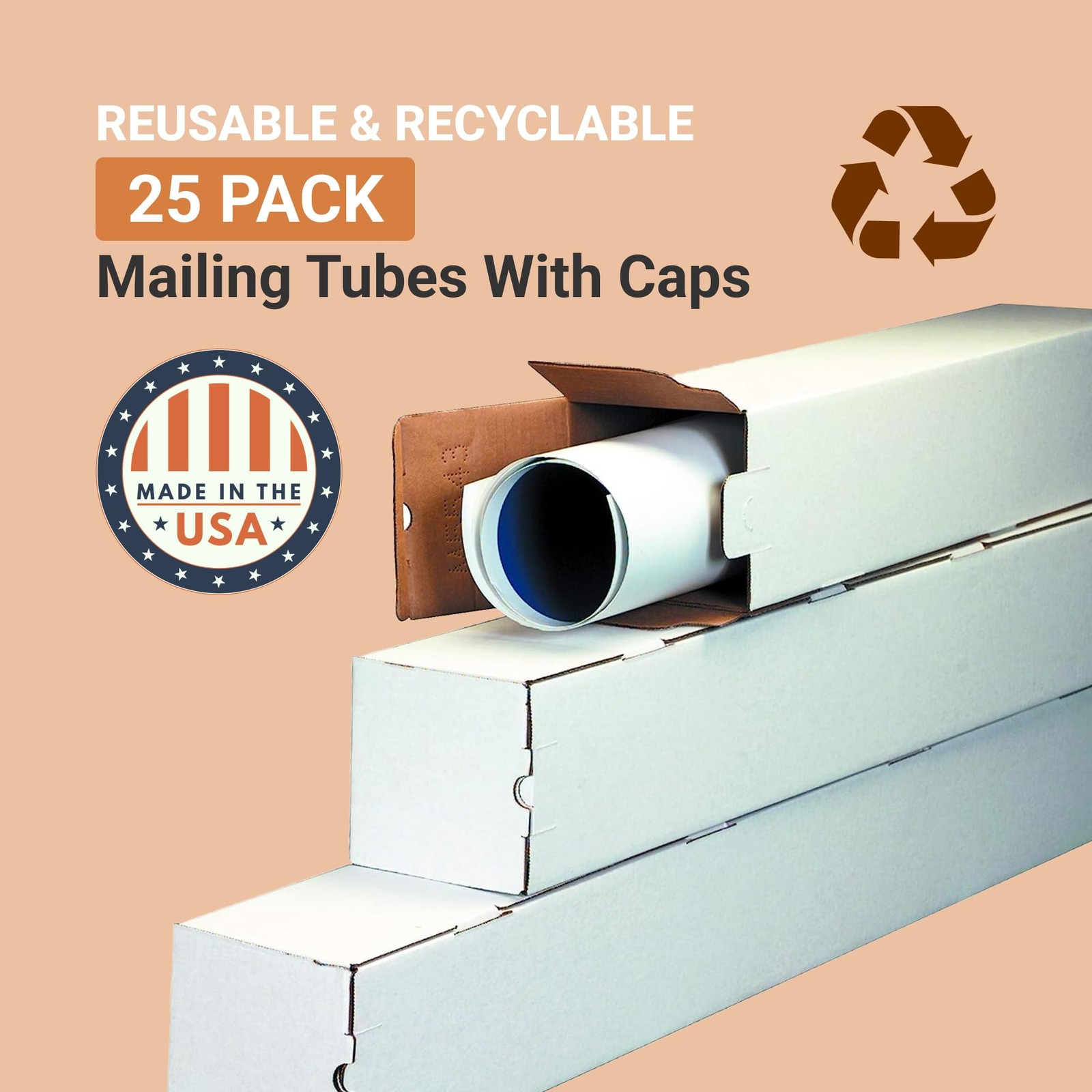 Aviditi Square Corrugated Cardboard Mailing Tubes, 3 x 3 x 30, White, Pack of 25