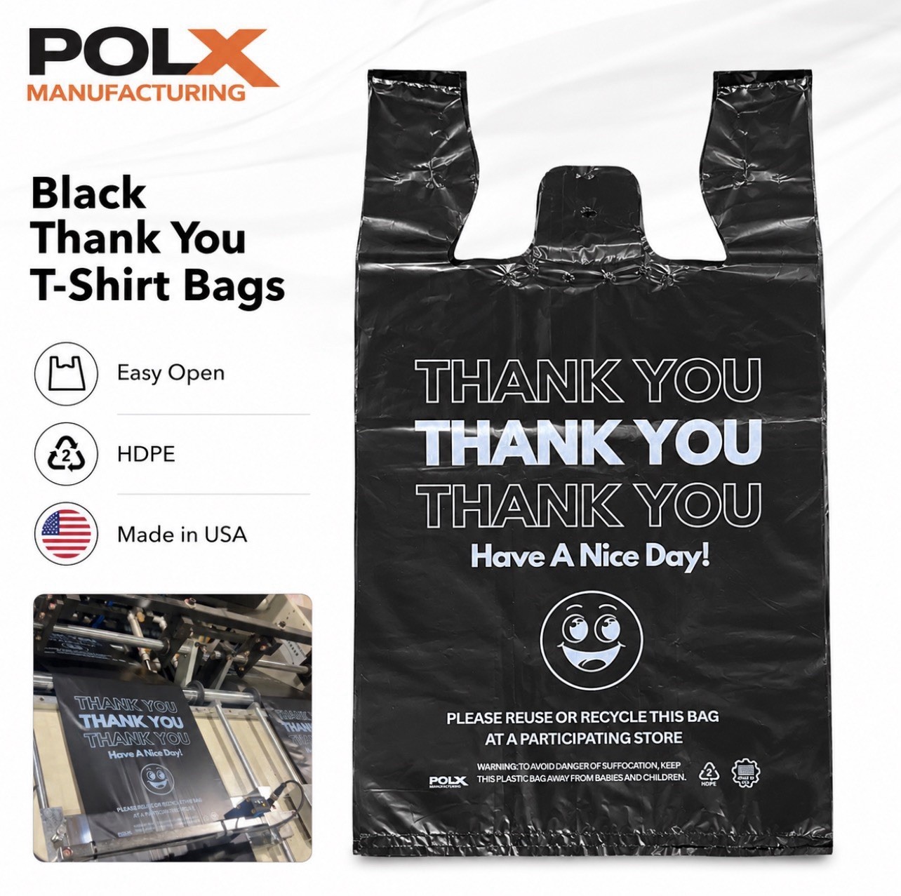 1000 Black Thank You T-Shirt Bags Easy Open HDPE Grocery Carryout 12x7x22 USA