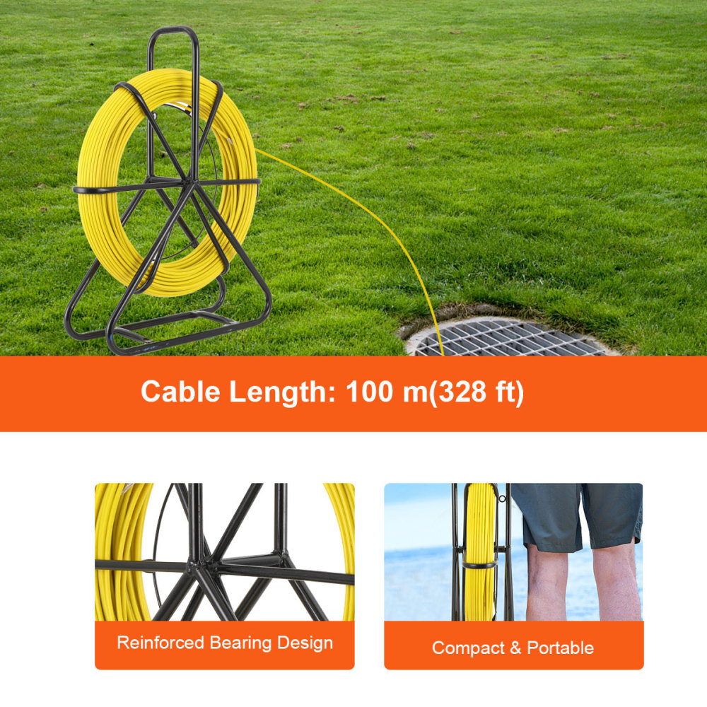 328ft/100m Fish Tape Puller Fiberglass Wire Cable Running Rod Duct Rodder 6mm