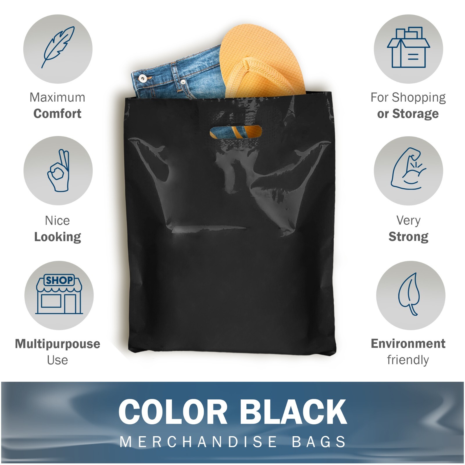 100 Pack 12″ x 15″ with 1.5 mil Thick – Black Merchandise Plastic Shopping Bags