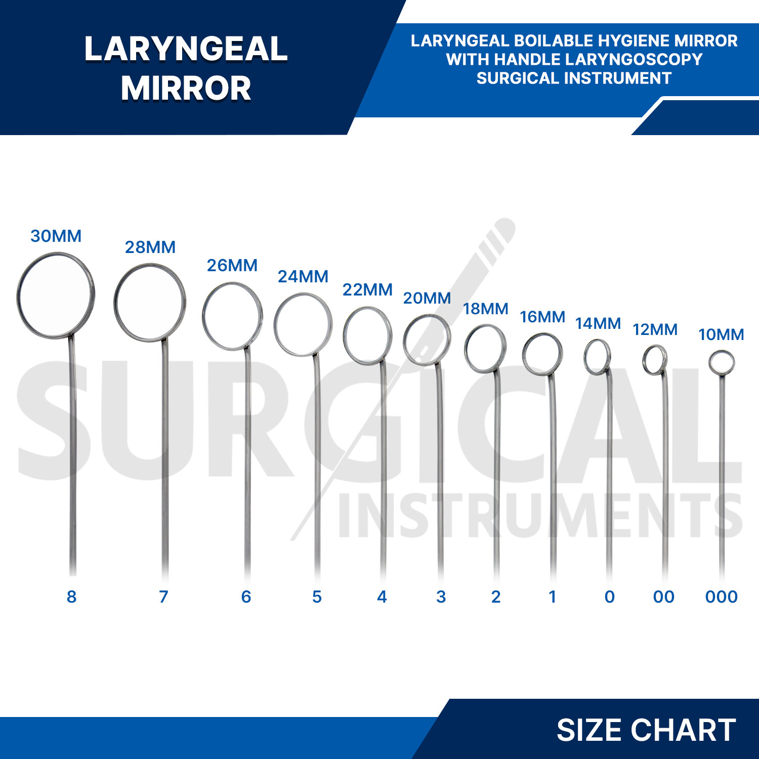 Laryngeal Mirror with Handle #000, #00, #0, #1, #2, #3, #4, #5, #6, #7, #8