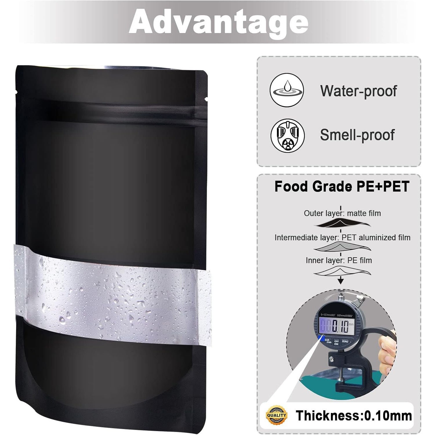 Mylar Foil Food Storage Stand Up Zip Seal Pouch Smell Proof Bags with Window USA
