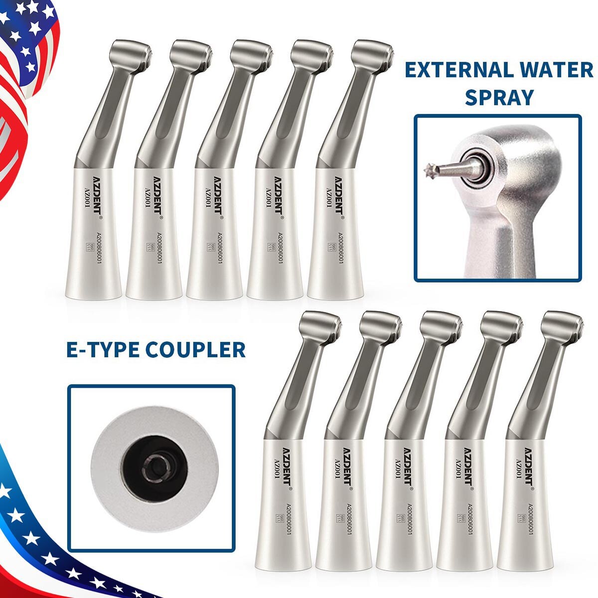 AZDENT Dental Low Speed Handpiece Contra Angle Push Button 1:1 Direct Drive