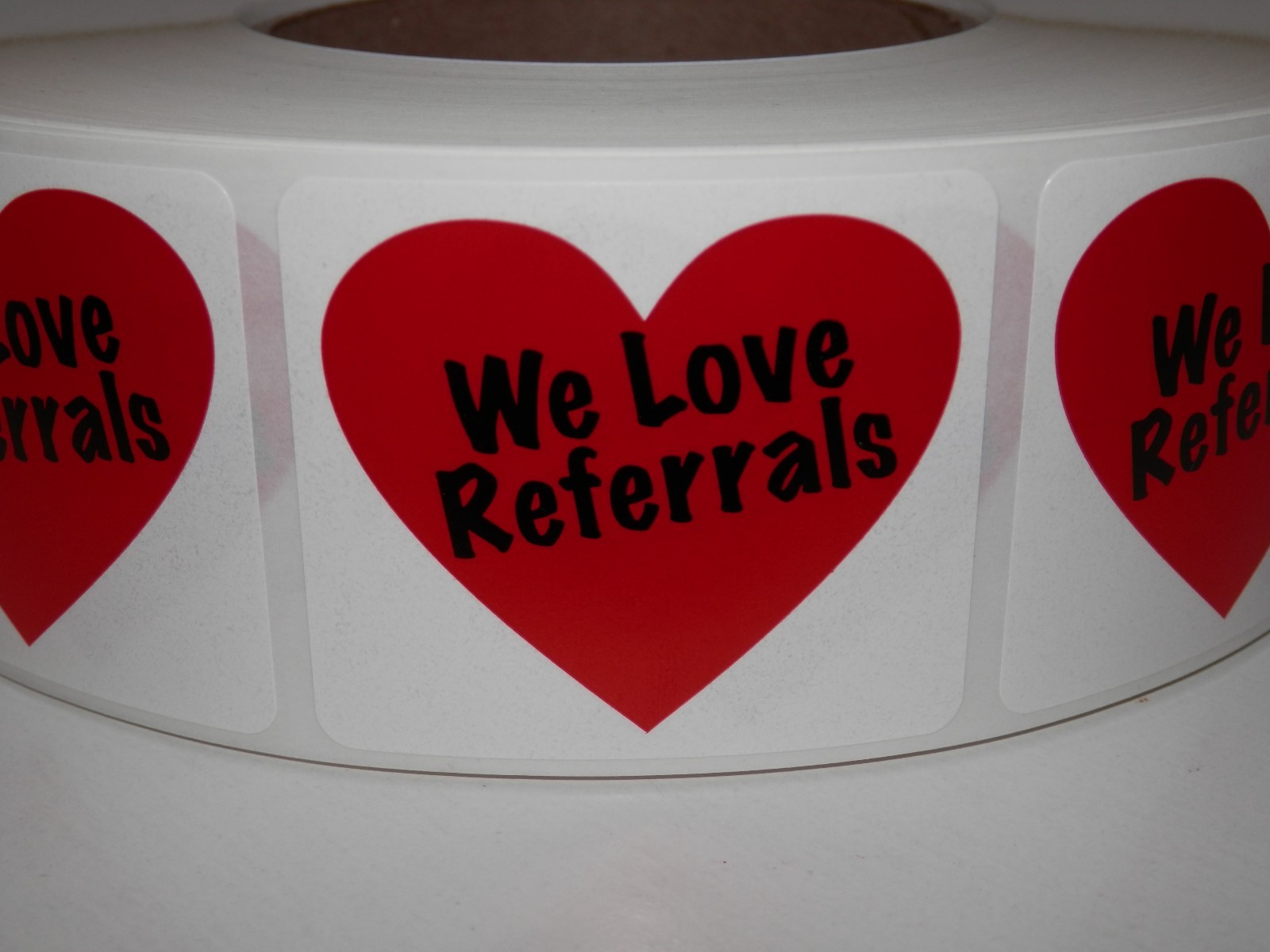 WE LOVE REFERRALS with heart 1.75×2 Stickers Labels 250/rl