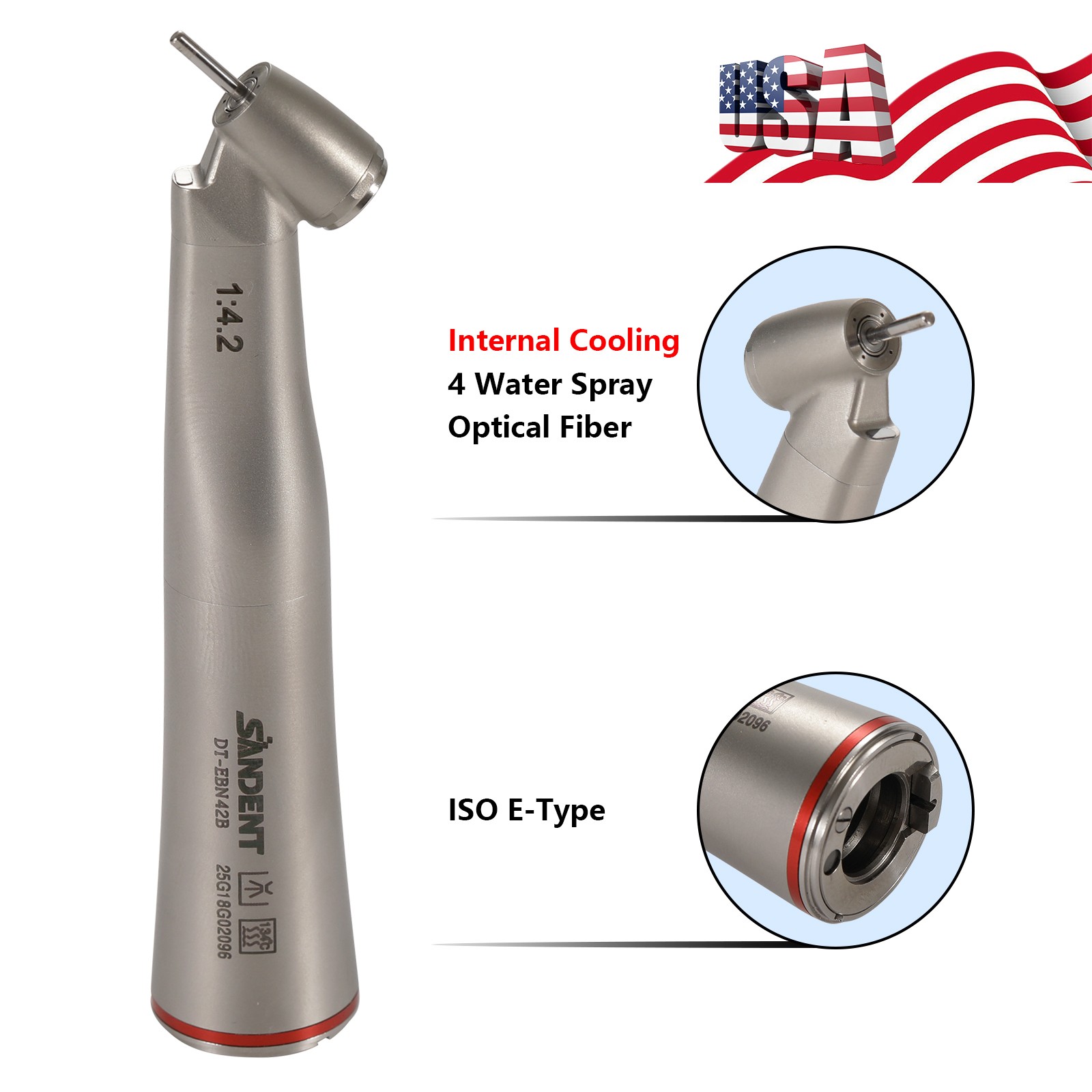 Dental LED Handpiece 1:4.2 Contra Angle 45° LED Fiber Optic Turbine Inner UPS