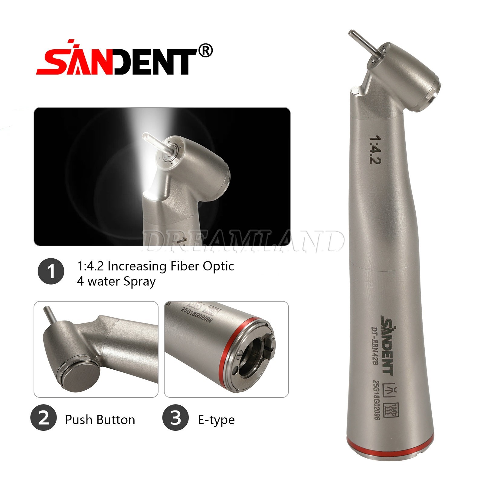 Dental 45° Angle inner Channel contra angle fiber optic LED 1:4.2 handpiece USA