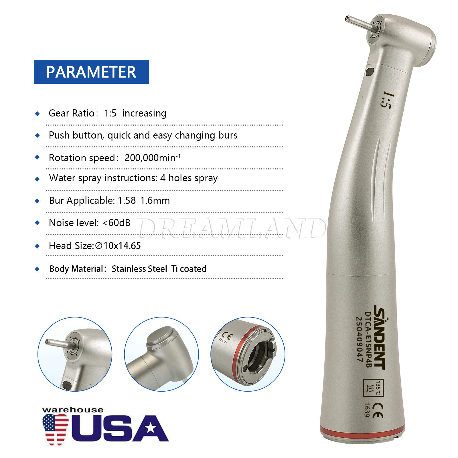 Dental Electric Handpiece 1:5 Contra Angle Fiber Optic SANDENT