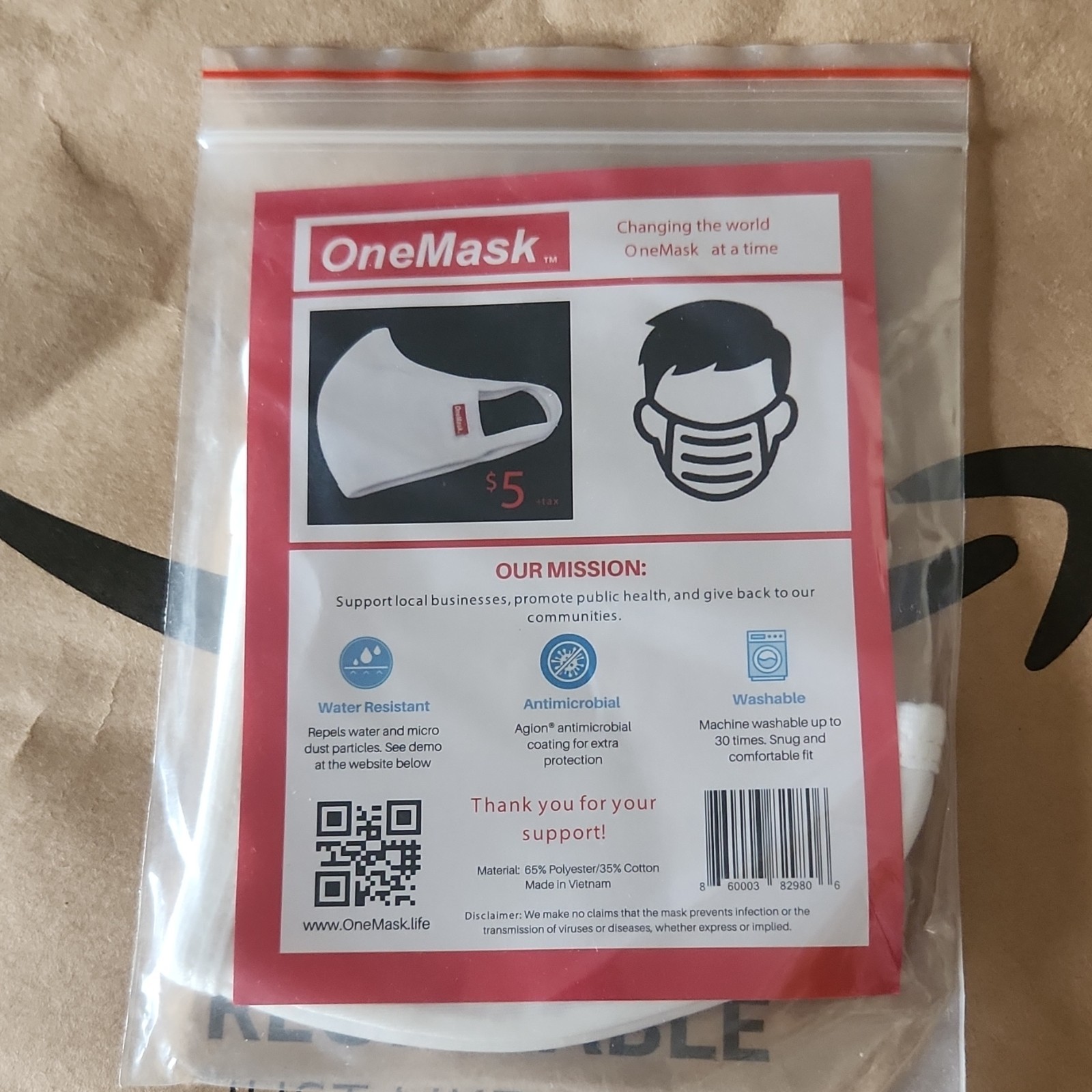 OneMask White Reusable Face Mask Water Resistant Antimicrobial Washable