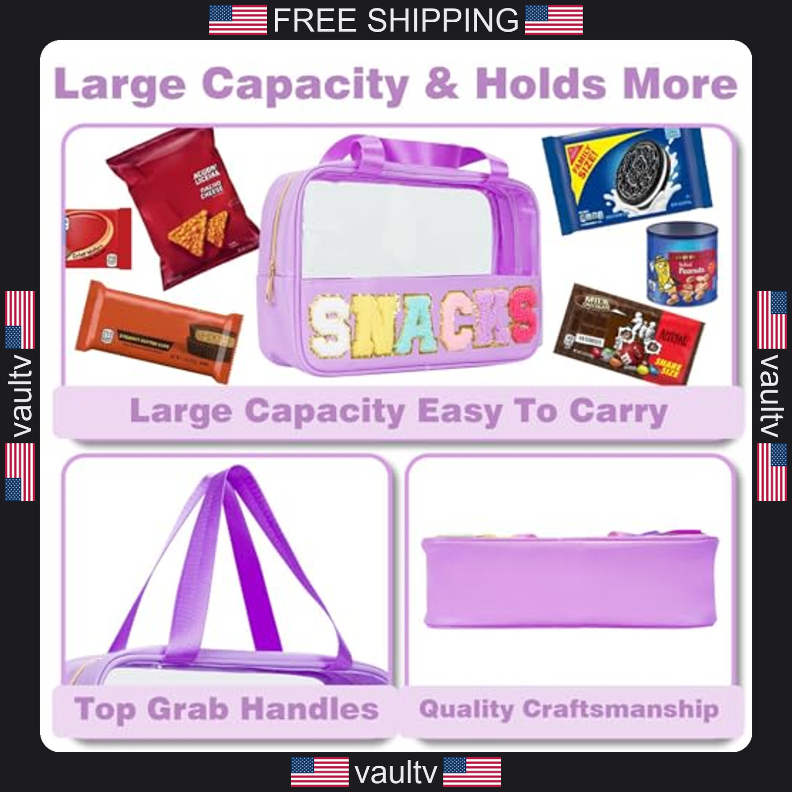 Snack Bags Chenille Letter Patch Clear Bag for Travel, Preppy Cosmetic Bag