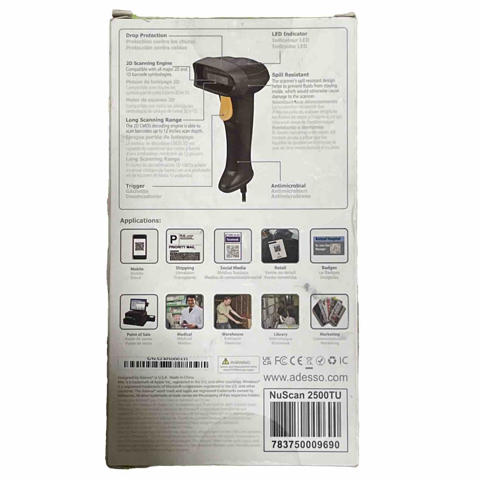 Adesso NuScan 2500TU Spill Resistant Antimicrobial 2D Barcode Scanner (NUSCAN