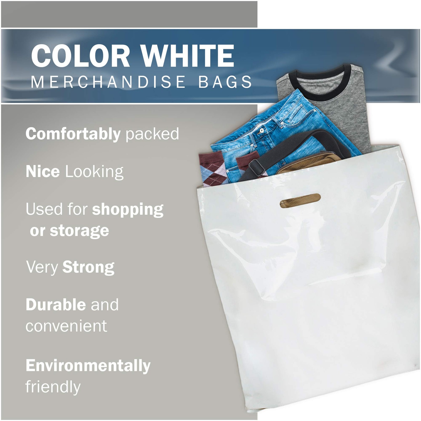 Plastic Merchandise Bags 26×26 White Glossy 50 Pack 3 Mil Handles PPB Finish