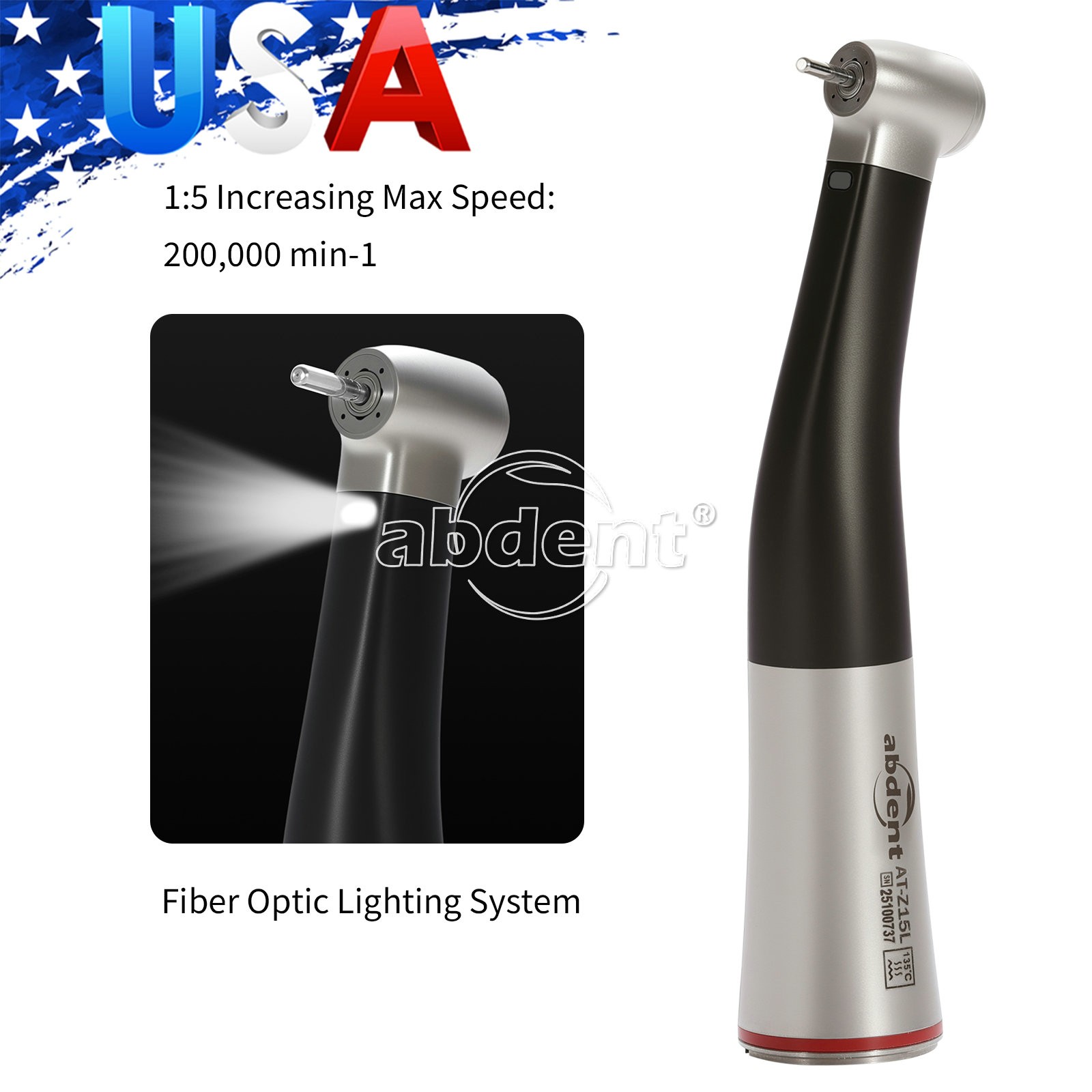 Dental 1:5 Increasing High Speed Fiber Optic LED Contra Angle Handpiece abdent