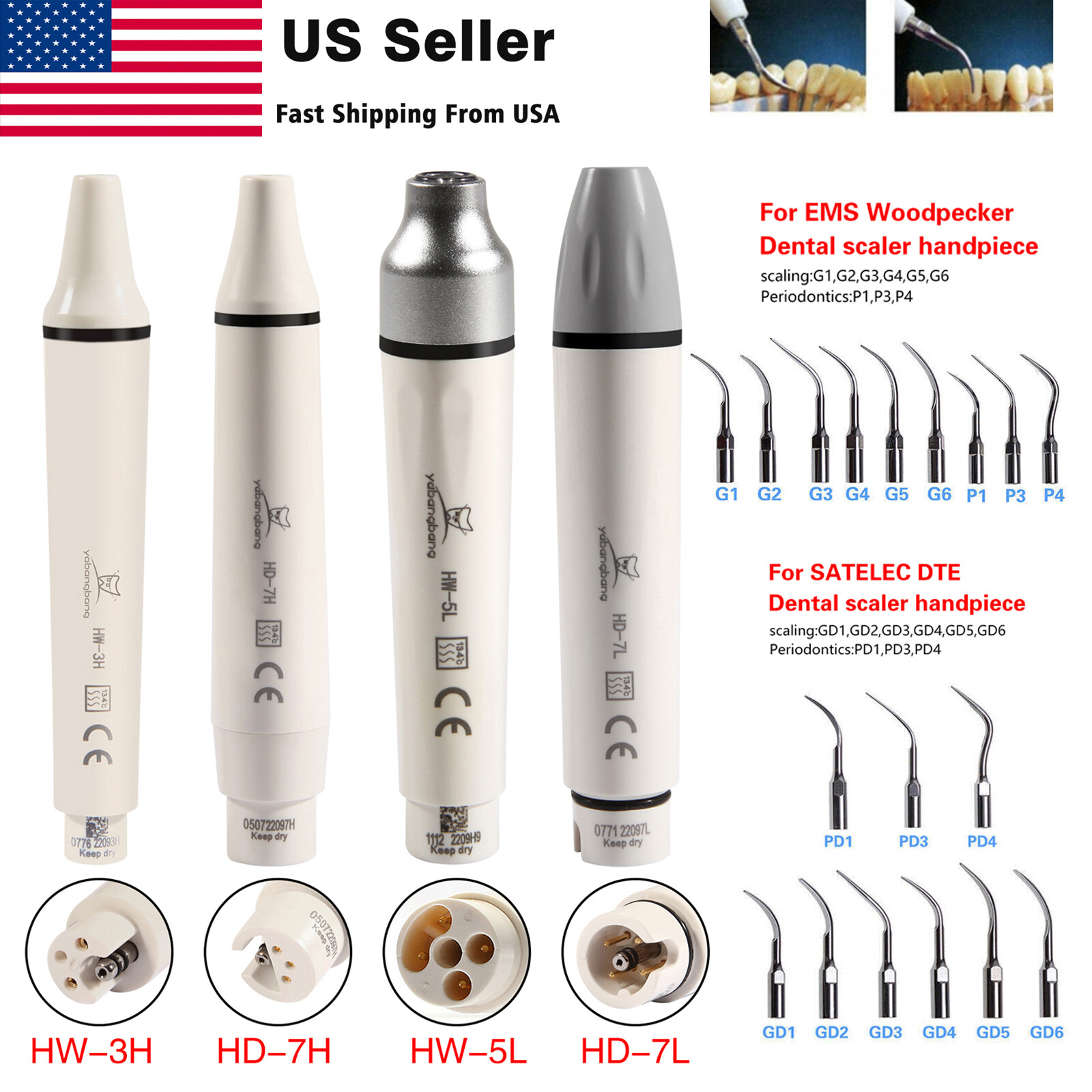 USA Dental Ultrasonic Piezo Scaler Tips/ Wrench/ Scaler Handpiece Fit EMS/DTE