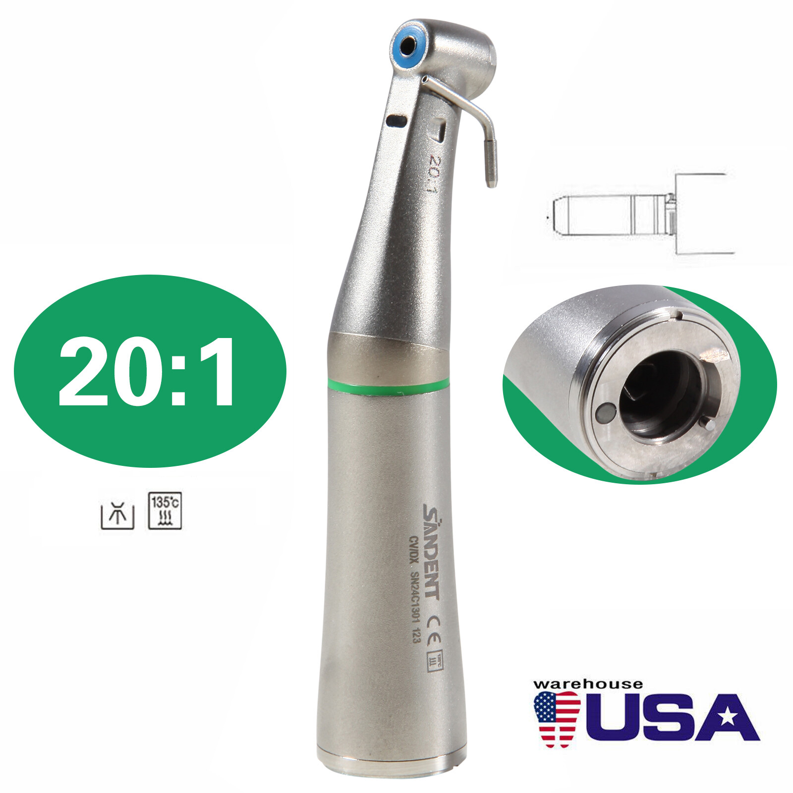 SANDENT Dental Surgical Implant 20:1 LED Fiber Optic Contra Angle Handpiece NSK