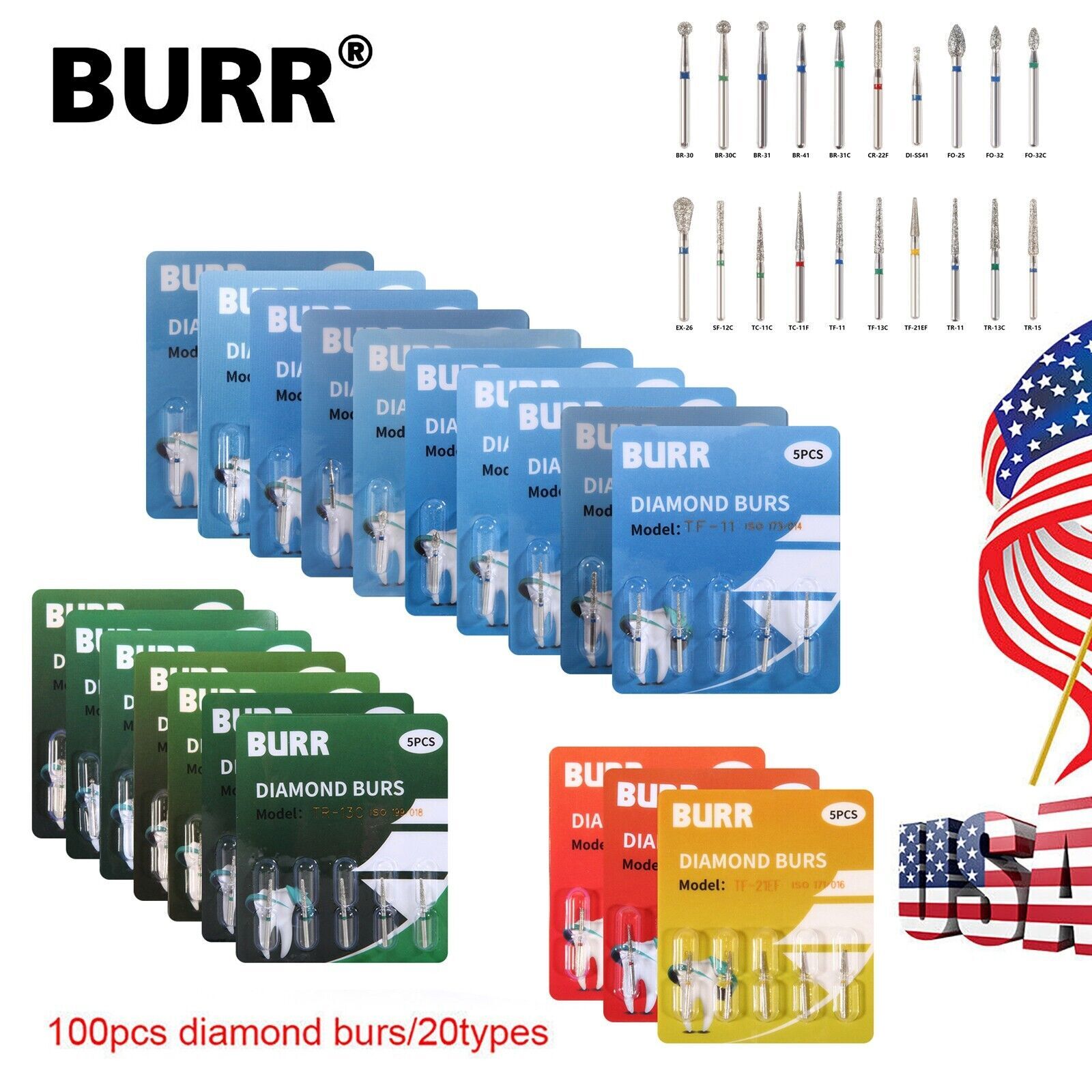 Dent Diamond Burs for fit High Speed Handpiece Medium FG 1.60mm 20 fixed types