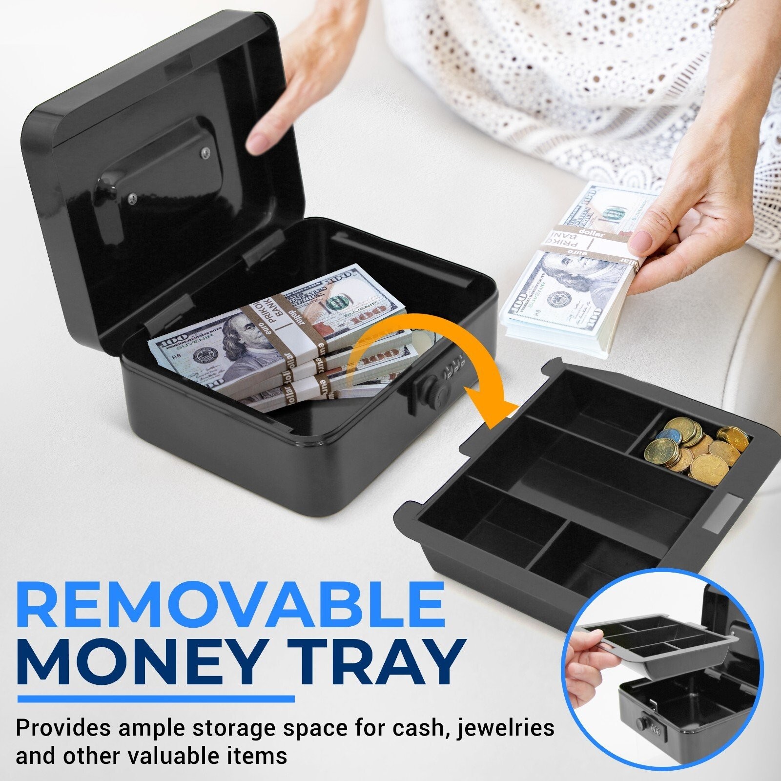 SereneLife 8″ Metal Cash Box w/ Lock, Cash Safe w/ Money Tray & Secure Lock