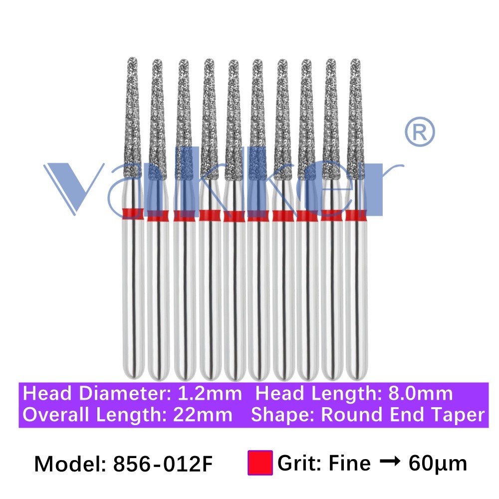 Vakker 10pc Dental 856-012F Diamond Burs Fine Grit Friction Grip Round End Taper