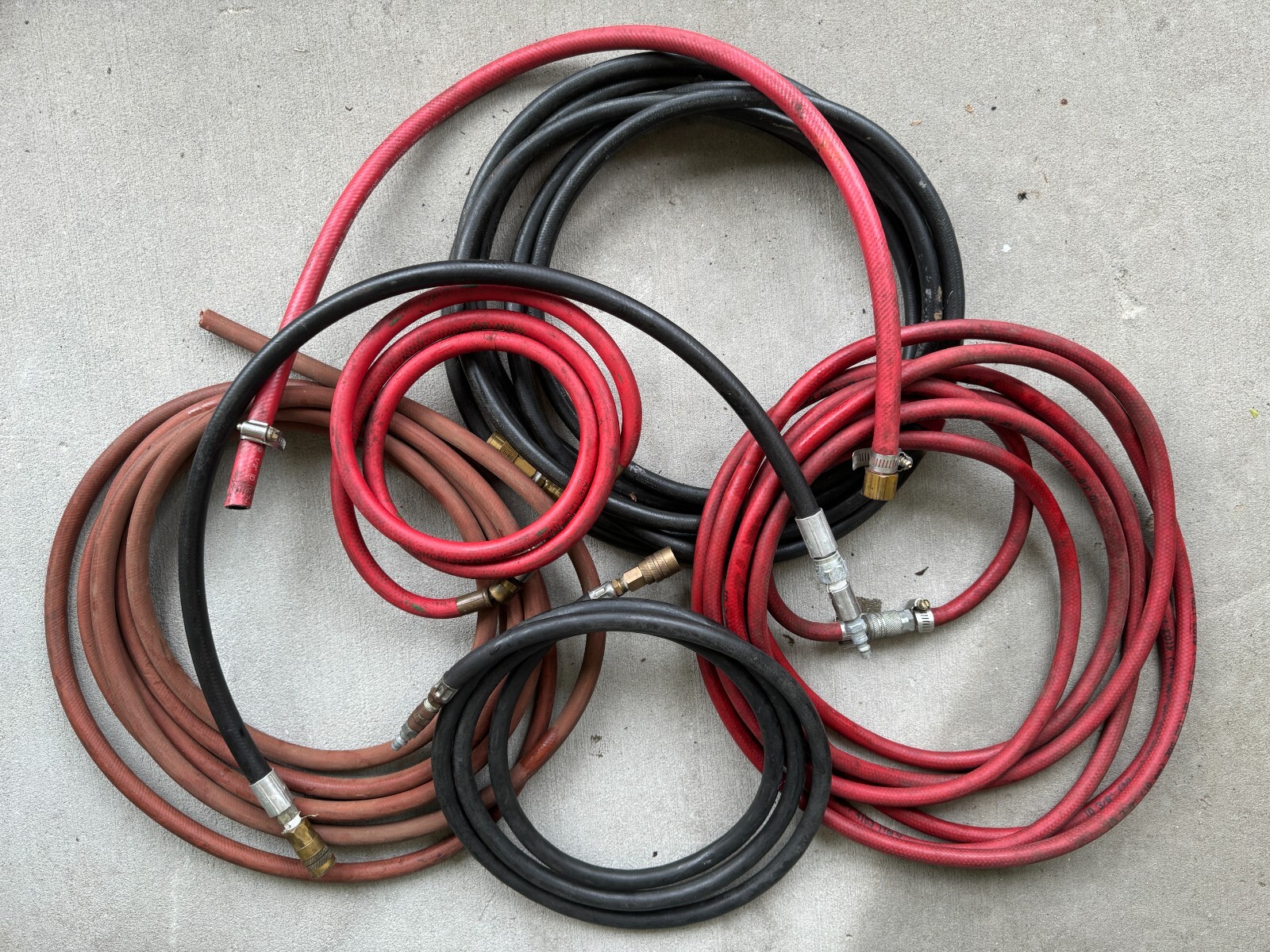 Lot of 8 Industrial Vinyl Pneumatic Air Tool Hoses w/Brass Couplings & Fittings